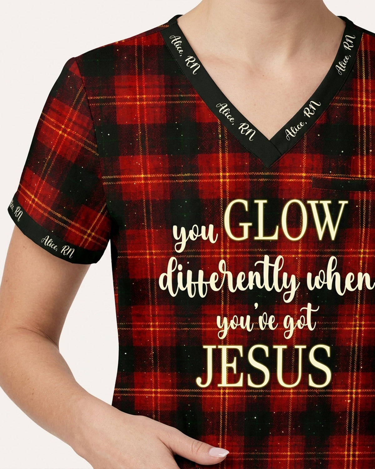 Personalized Name And Specialty You Glow Differently When You've Got Jesus Plaid Pattern Christmas Gift For Nurse Top