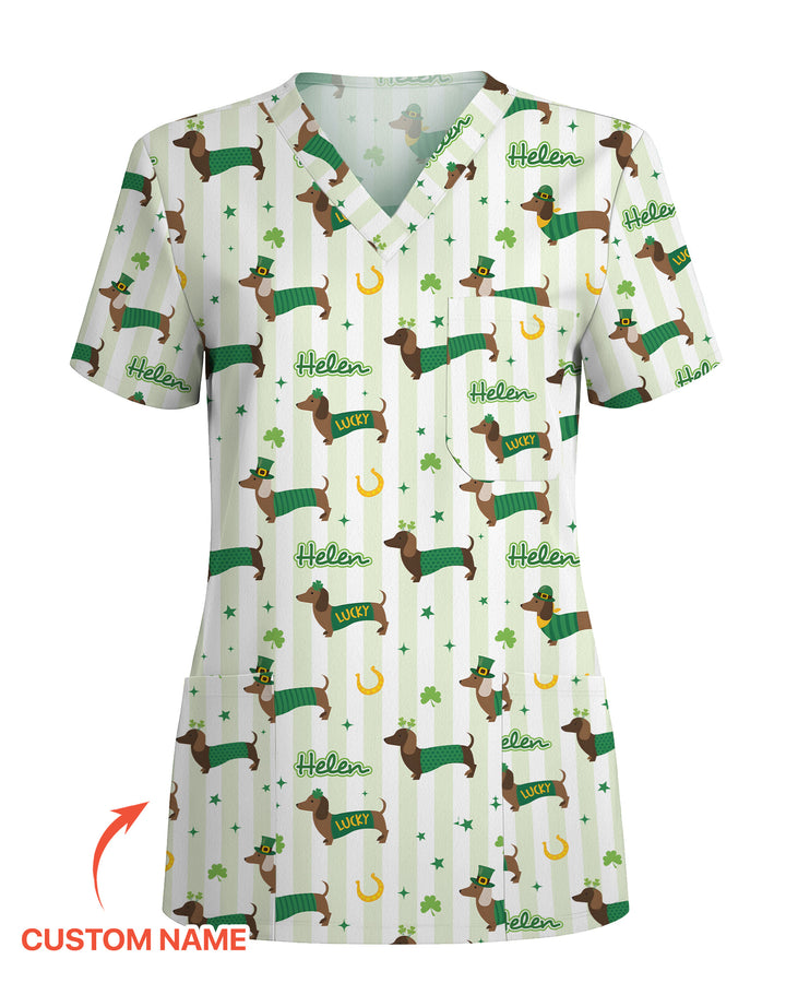 Lucky Dachshunds Patrick's Day Women Scrub Top