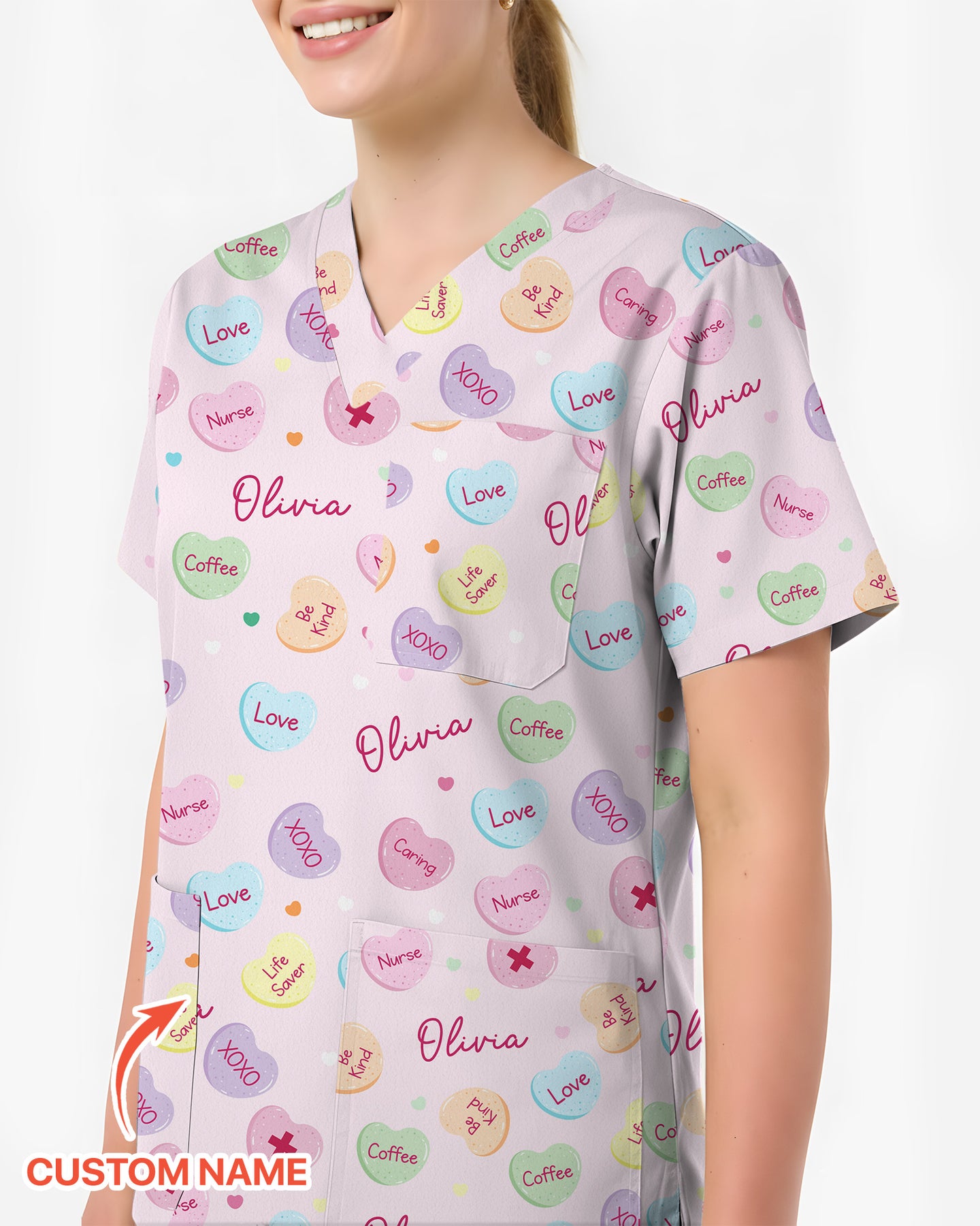 Personalized Candy Hearts Nurse Style Women Scrub Top