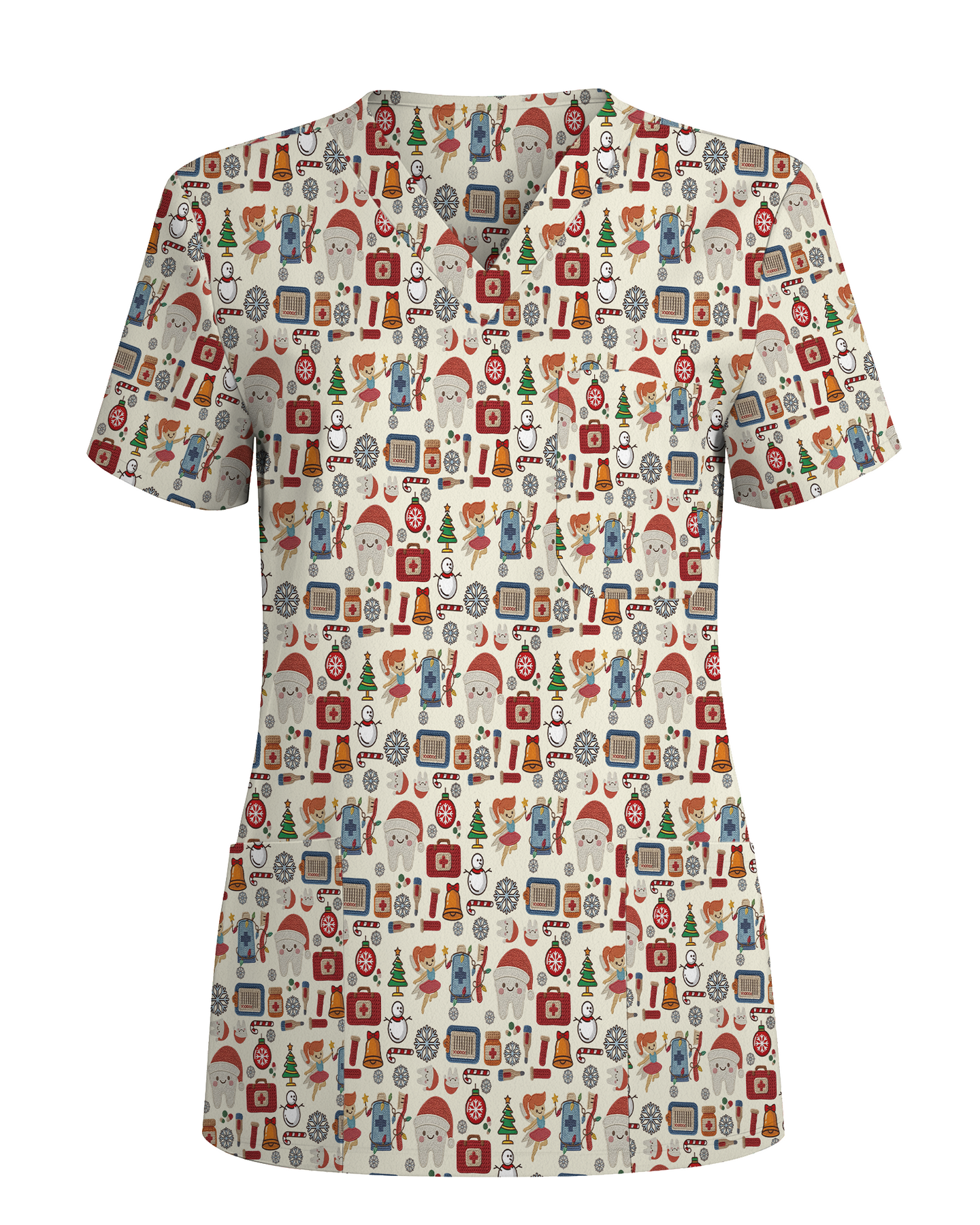 Cute Santa Teeth and Tooth Fairy Medical Scrub Top