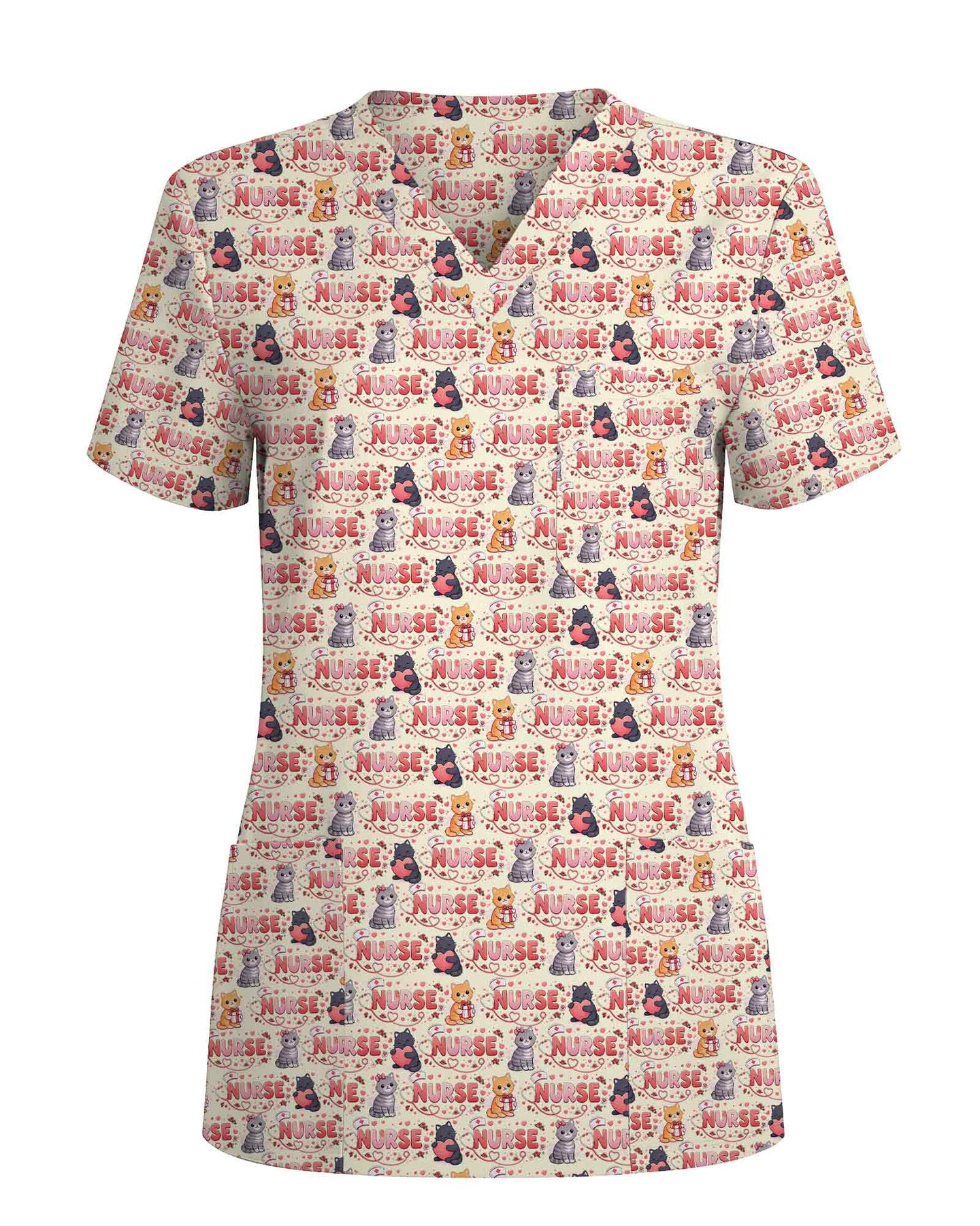 Cute Cat Nurse Heart Medical Scrub Top