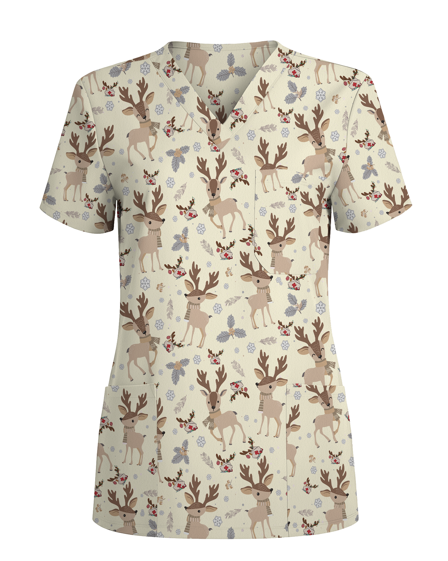 Christmas Reindeer Holiday Nursing Scrub Top