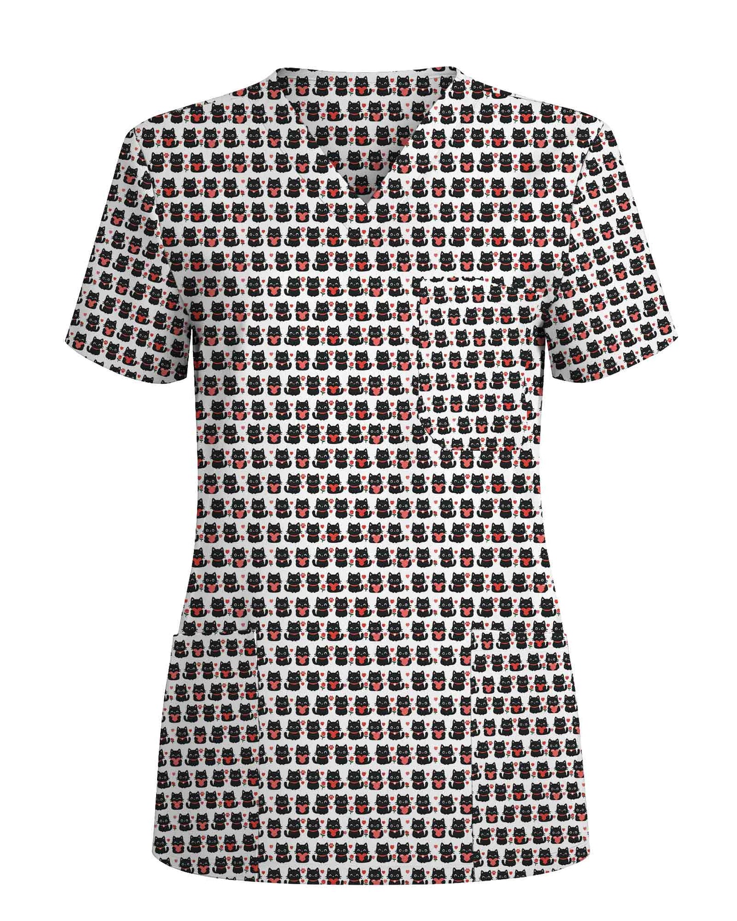 Cute Black Cat Heart Scrub Top