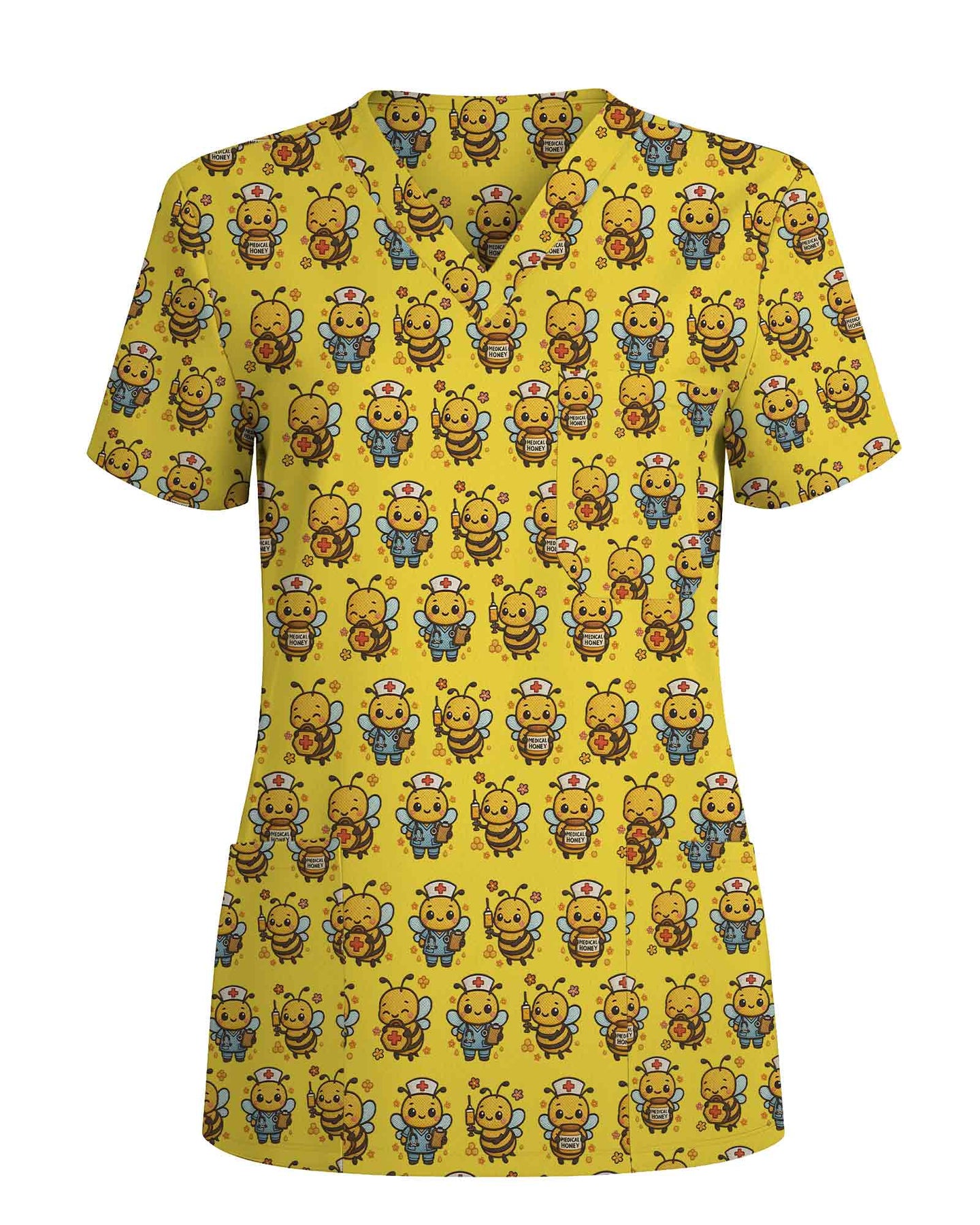 Yellow Cute Honey Bee Nurse Medical Scrub Top