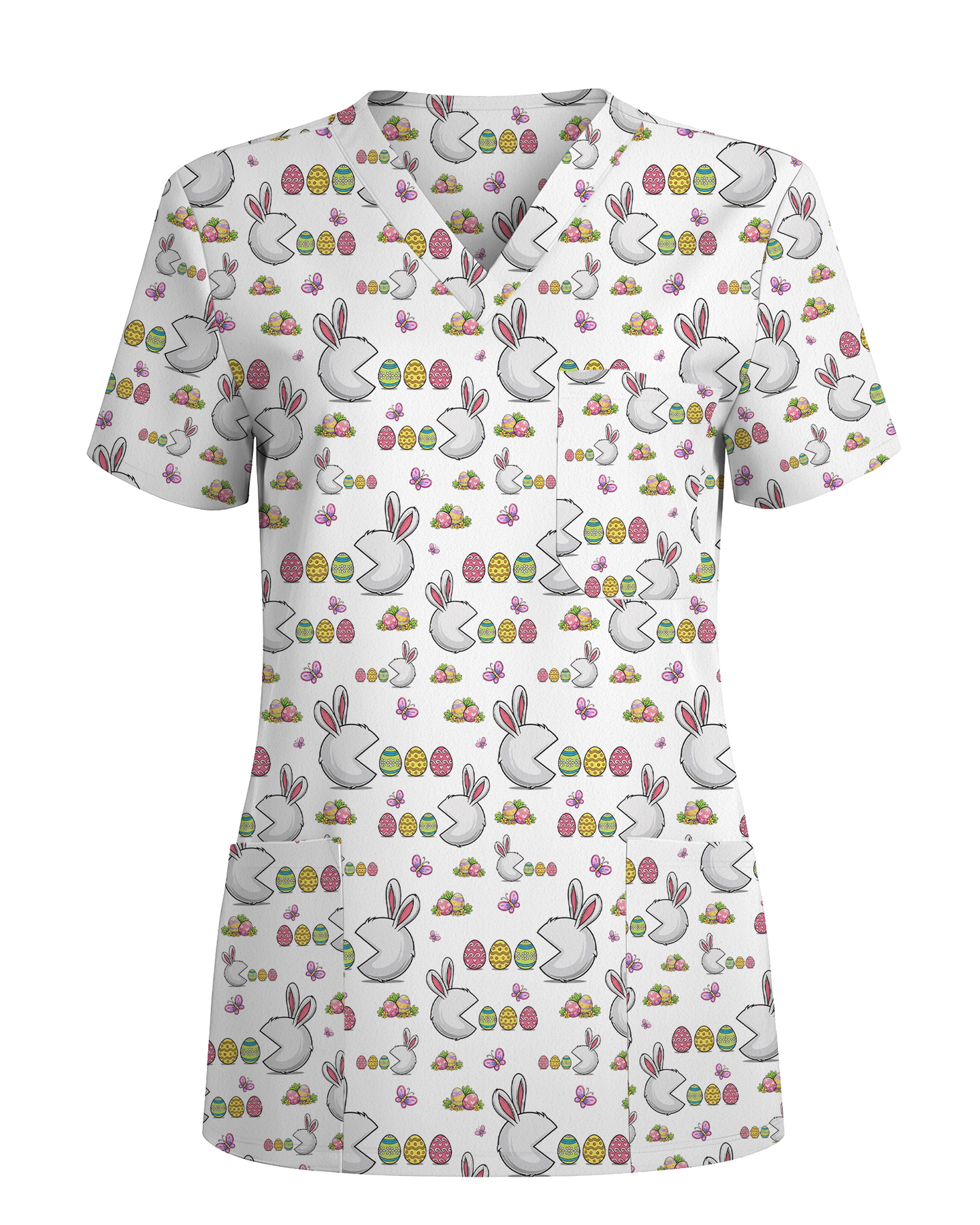 Funny Easter Bunny Pacman Style Cute Nurse Scrub Top