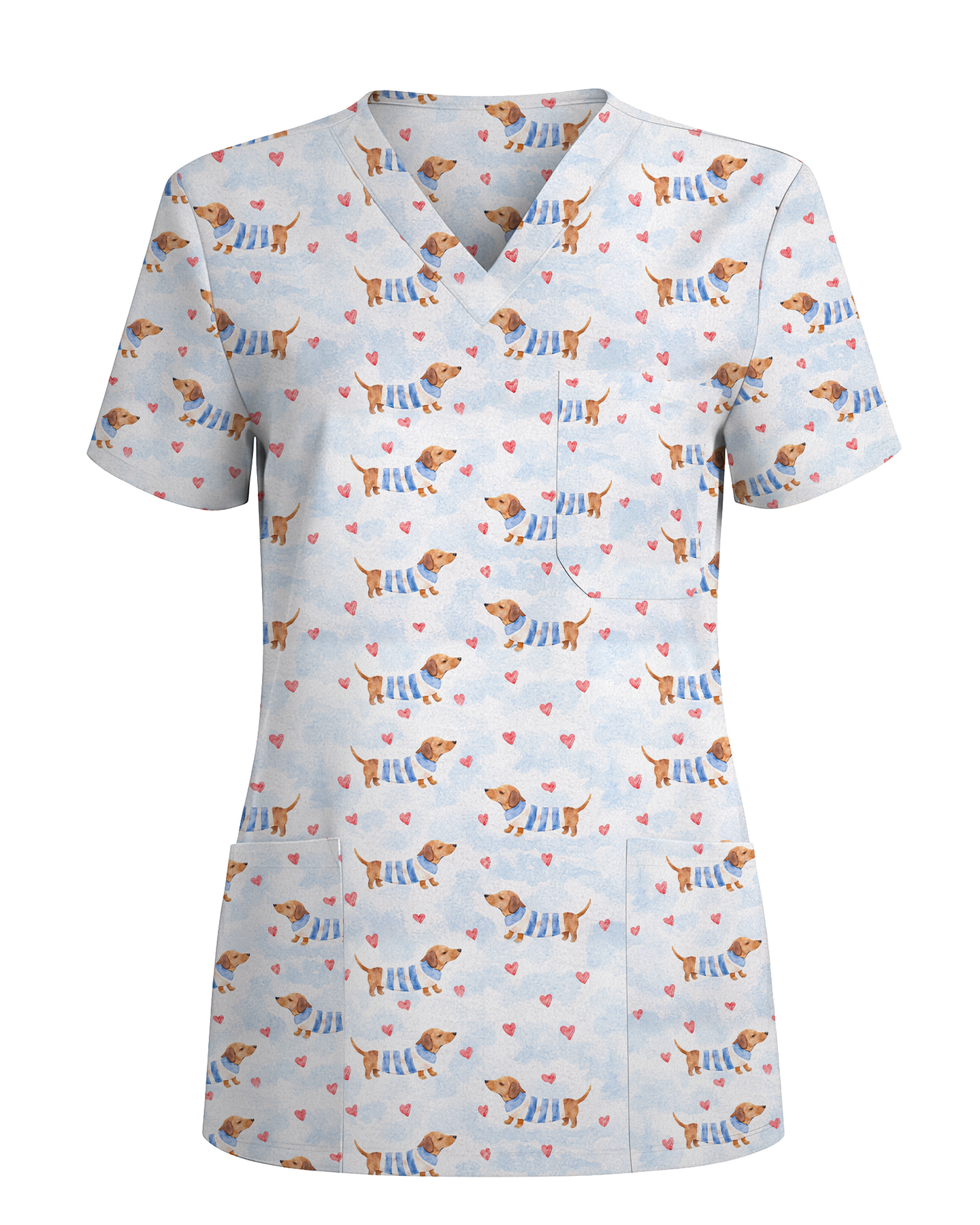 Watercolor Dachshund Blue Stripes Nurse Scrub Top