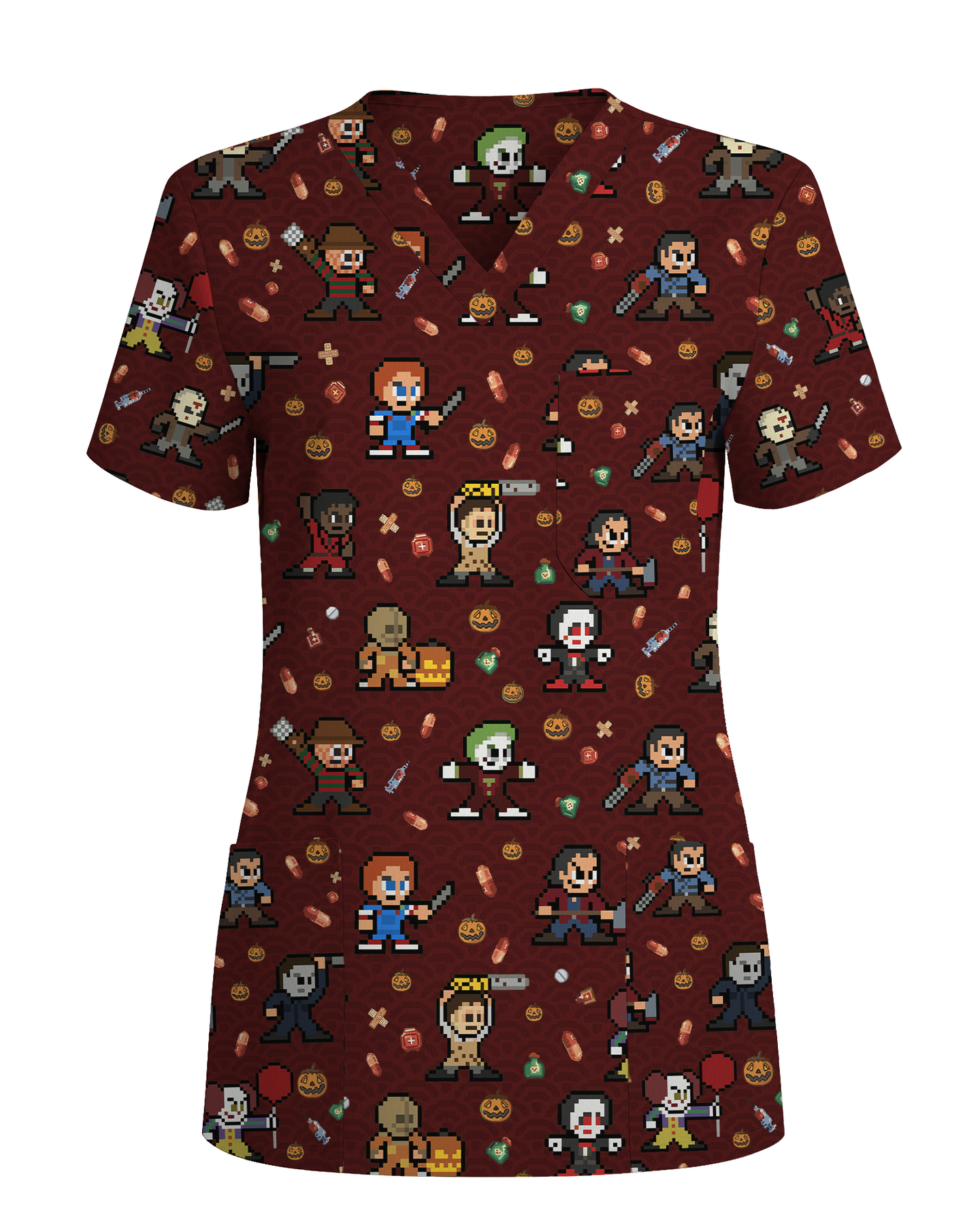 Retro Pixel Horror Movie Monsters Nursing Scrub Top