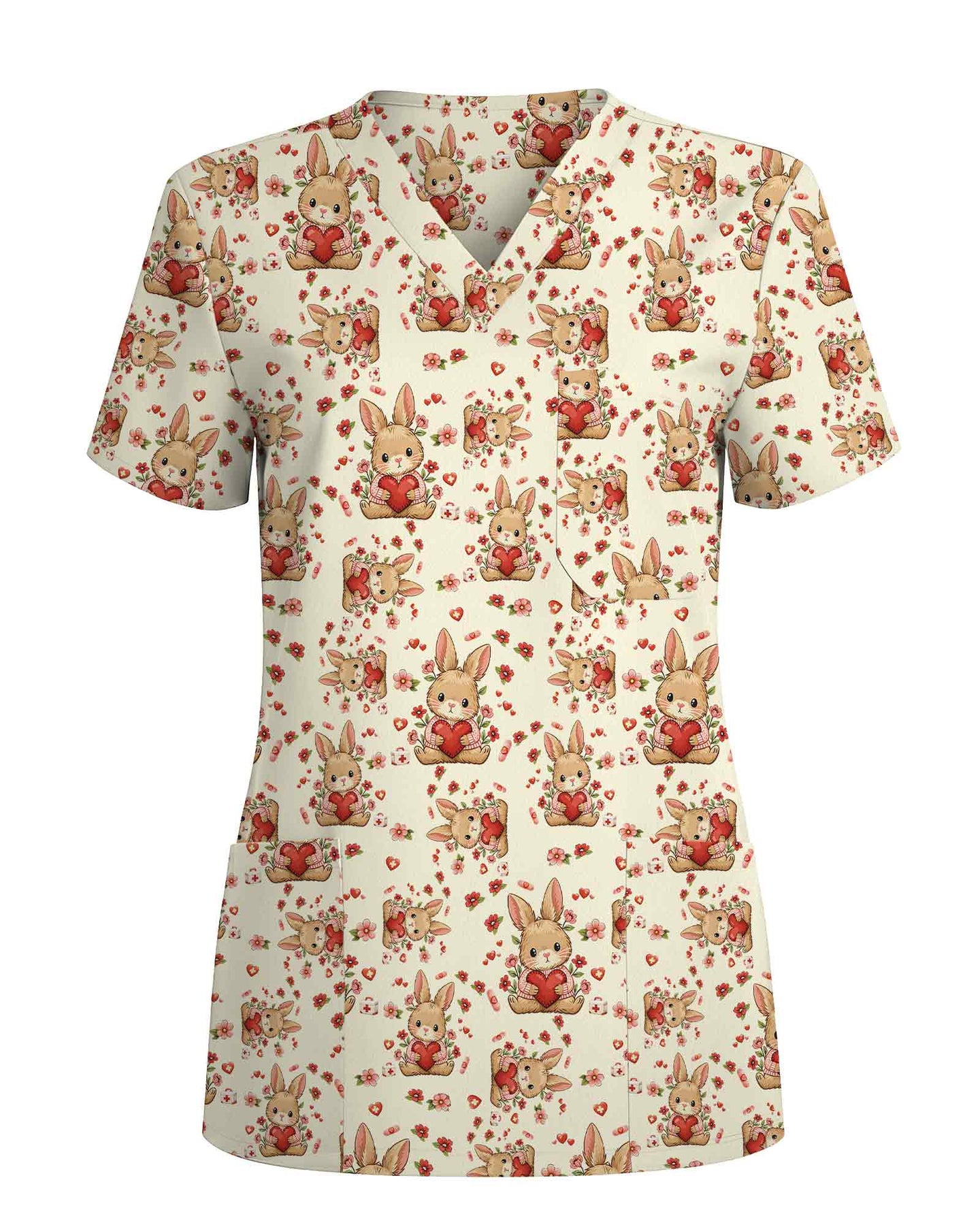Lovely Bunny Rabbit Heart Medical Scrub Top