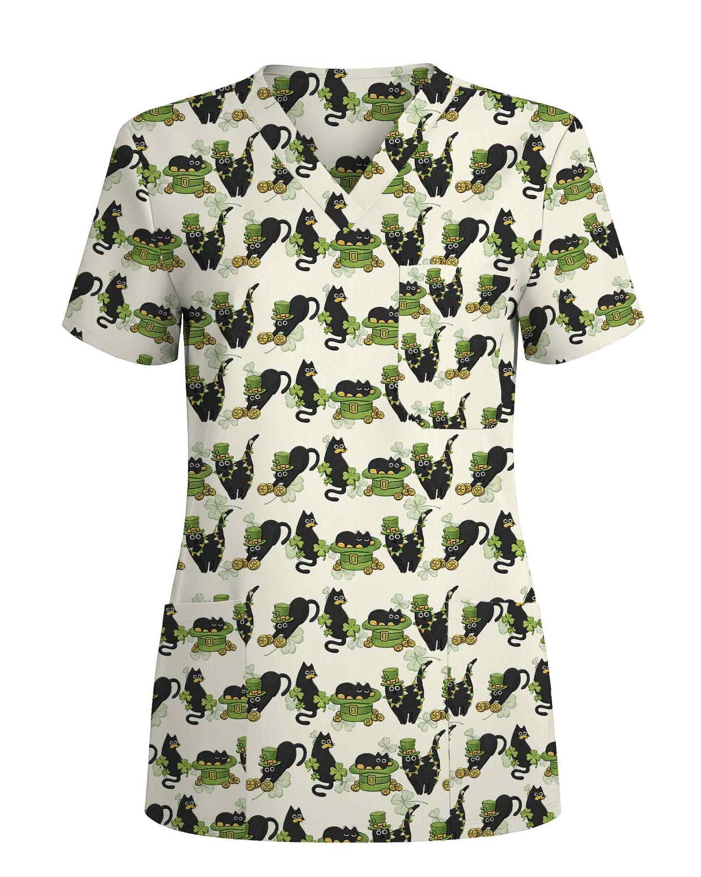 Black Cat Leprechaun Hat Medical Scrub Top
