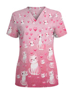 Cute Cats and Hearts Valentine Scrub Top
