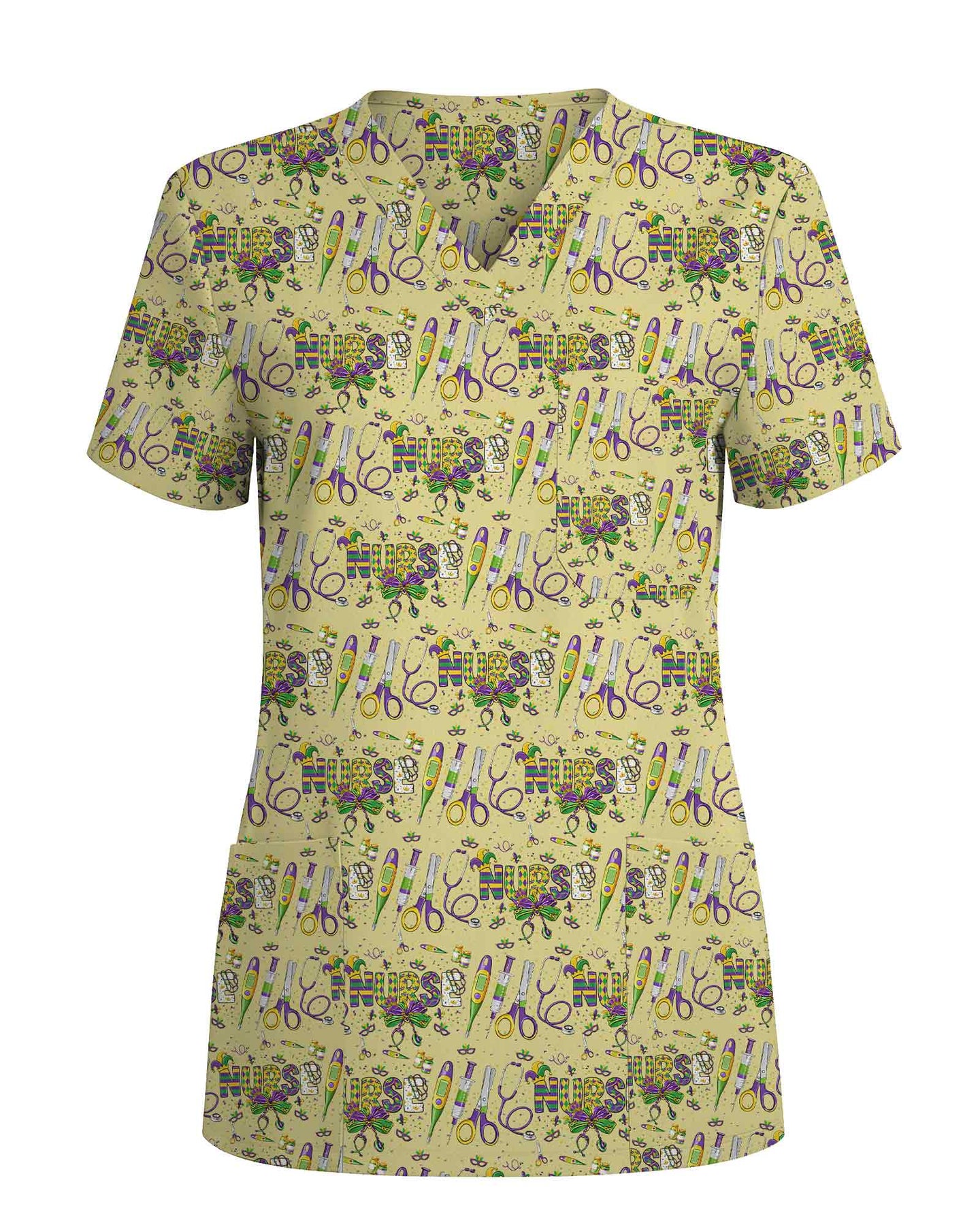 Festive Mardi Gras Typography Nurse Scrub Top
