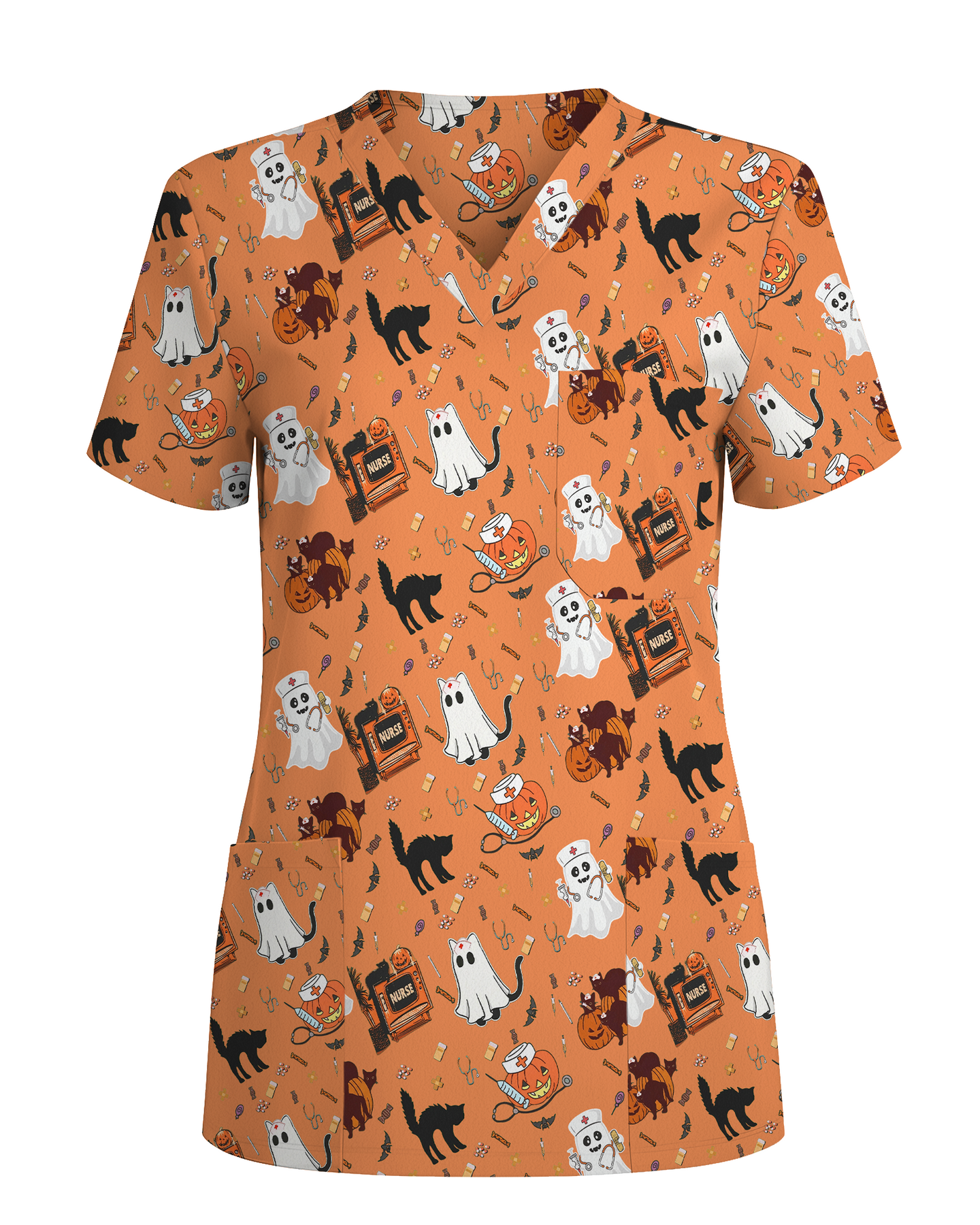 Creepy Cute Ghost Pumpkin Healthcare Scrub Top