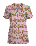 Cute Gingerbread Cat Christmas Medical Nurse Scrub Top