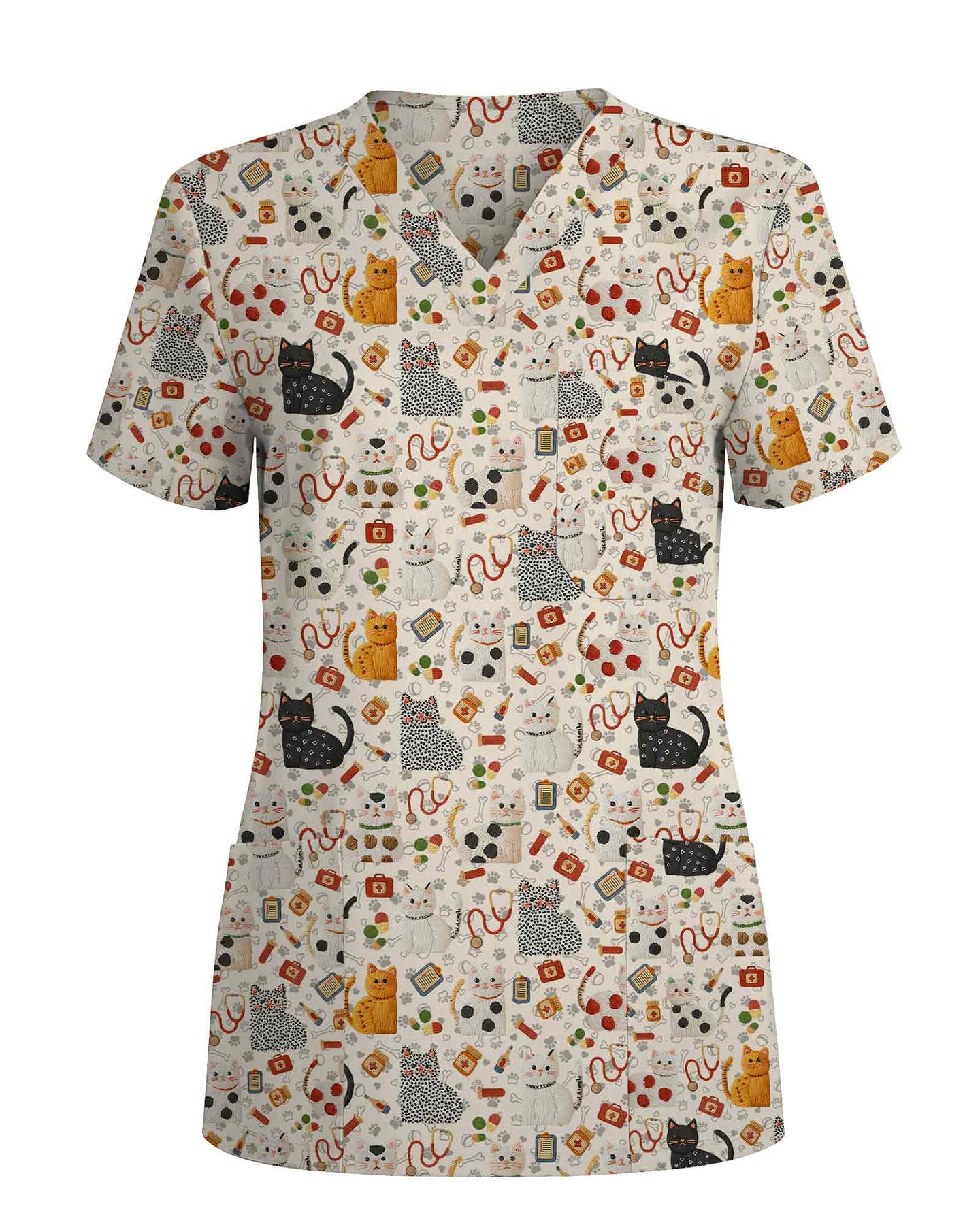 Cute Cartoon Cat Veterinary Medical Scrub Top