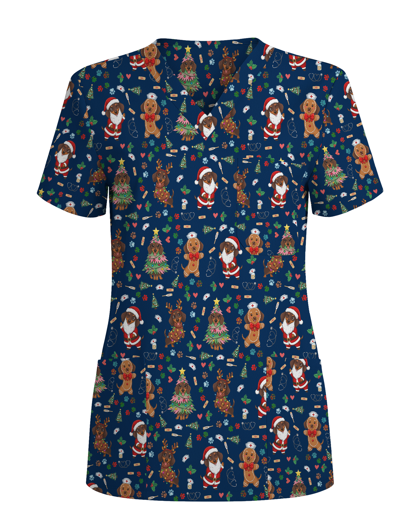 Cute Dachshund Christmas Medical Nurse Scrub Top