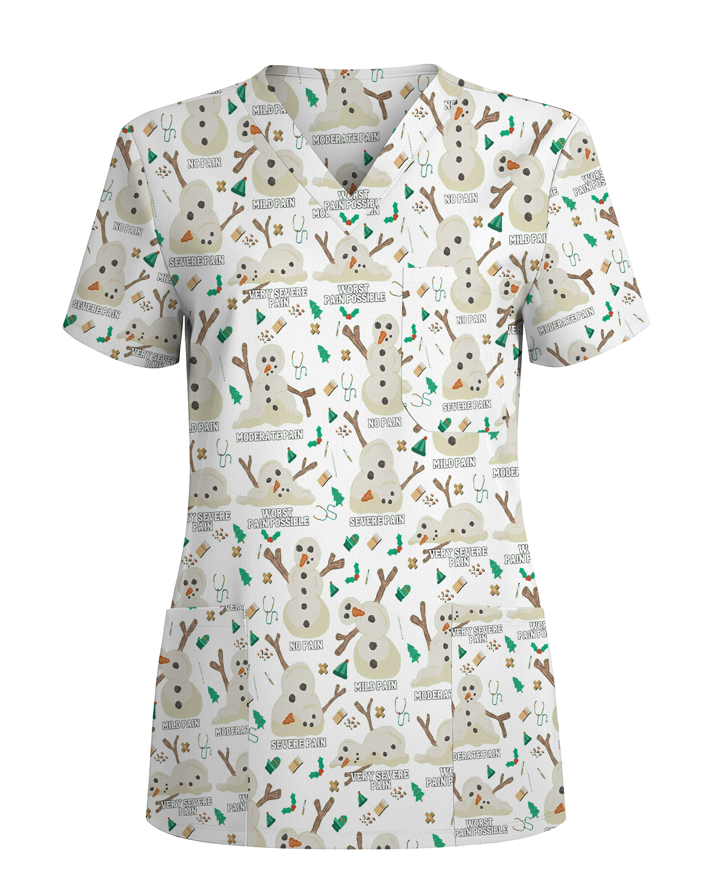 Funny Snowman Pain Scale Christmas Nursing Scrub Top