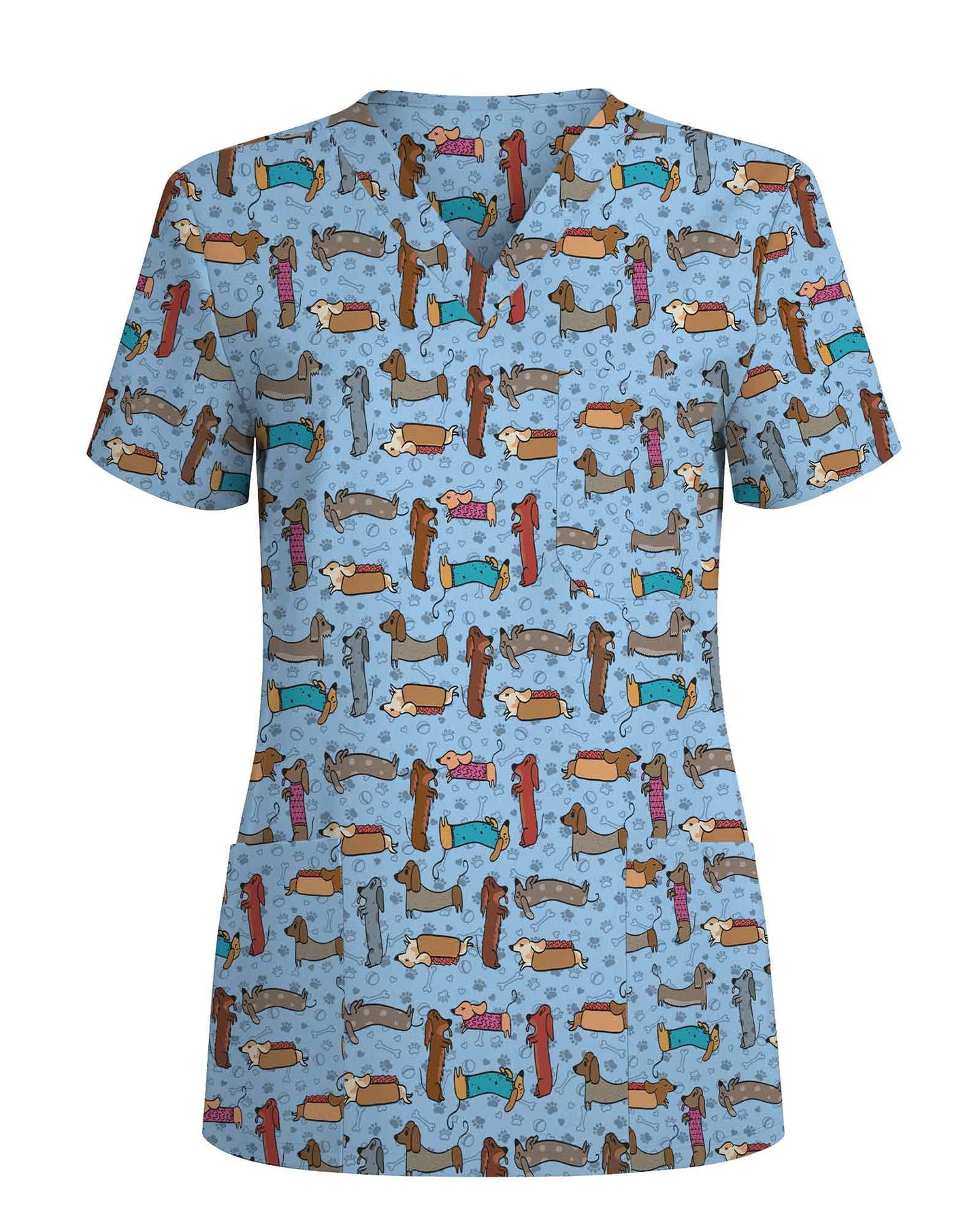 Cartoon Dachshund & Hot Dog Scrub Top