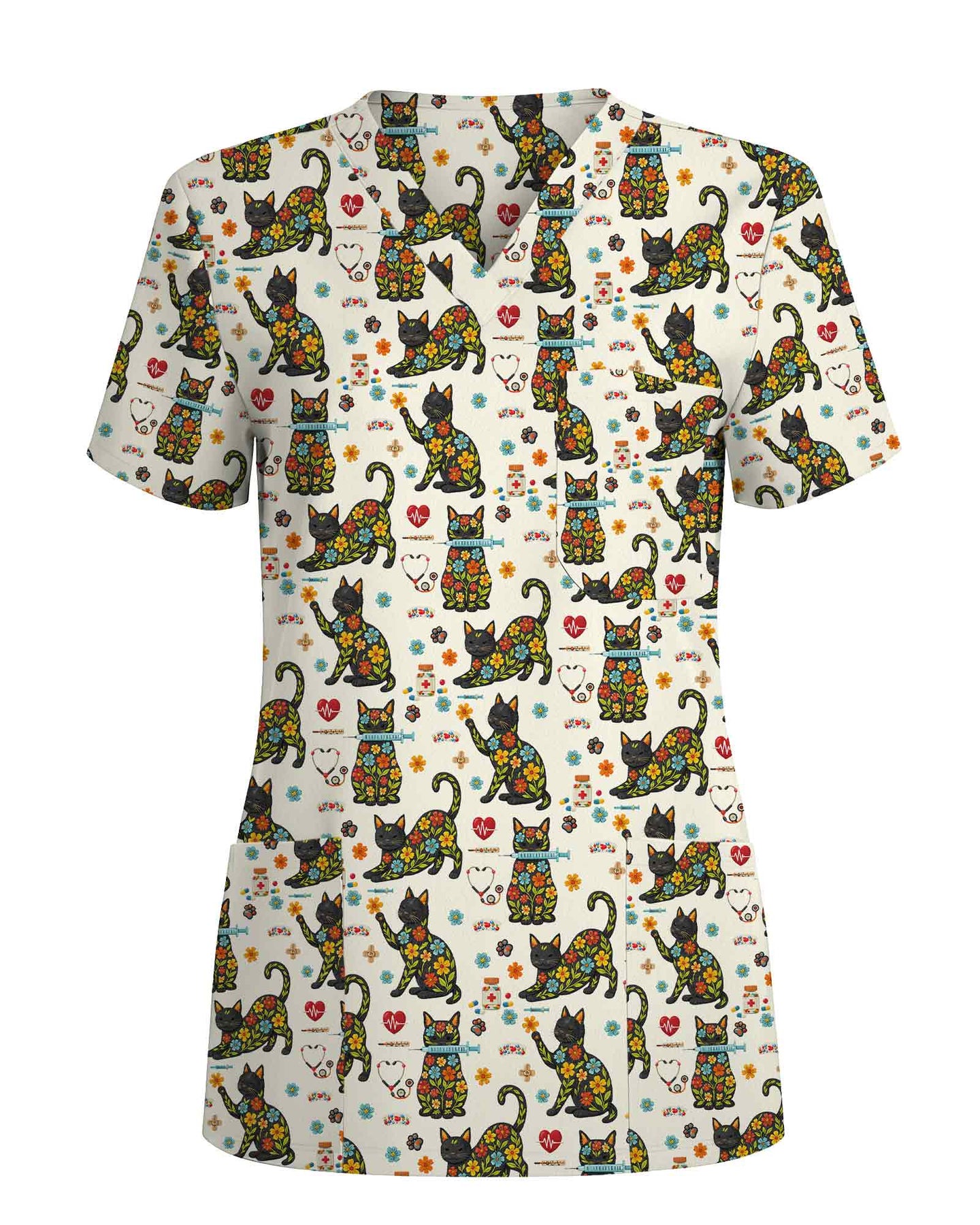 Floral Black Cat Medical Scrub Top