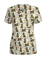 Floral Black Cat Medical Scrub Top