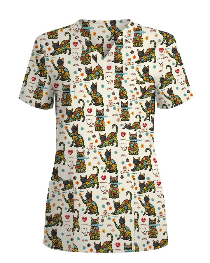 Floral Black Cat Medical Scrub Top