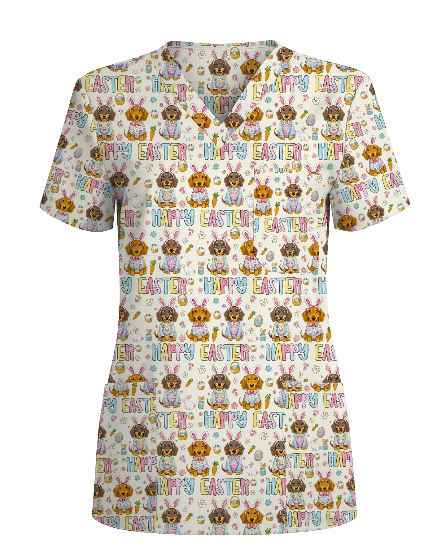 Happy Easter Dachshund Bunny Ears Cute Nurse Scrub Top
