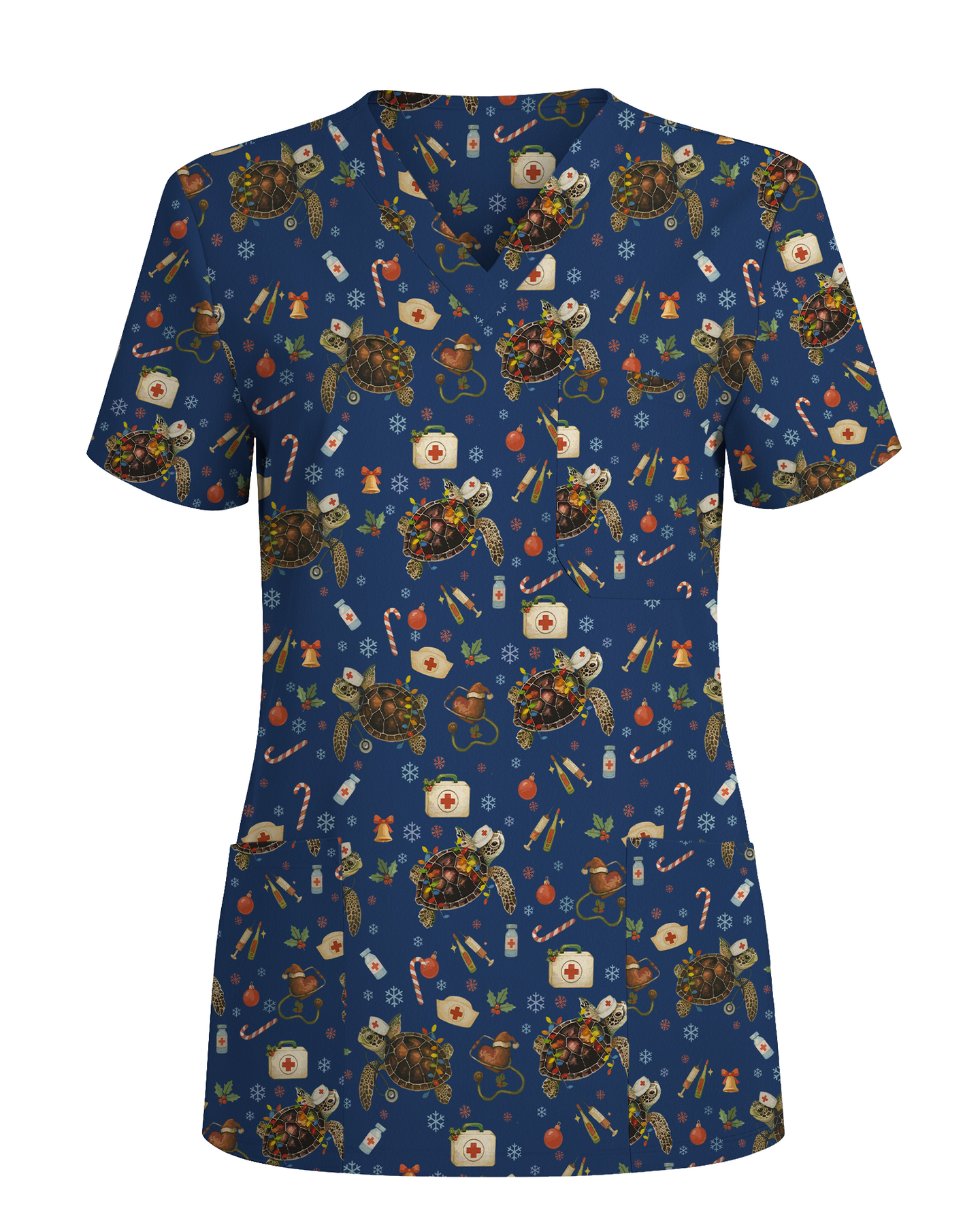 Cute Christmas Turtle Medical Scrub Top