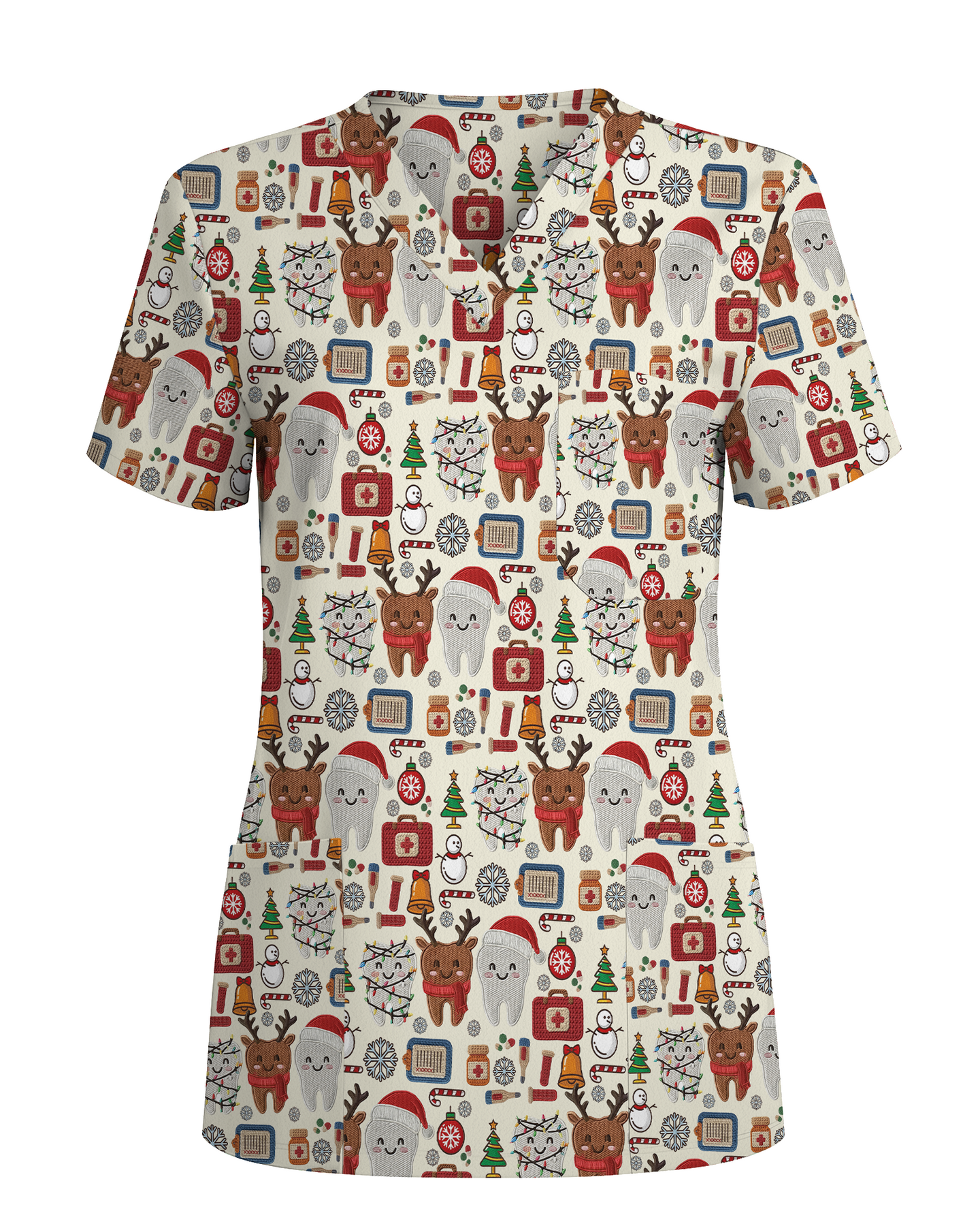 Cute Reindeer and Santa Teeth Holiday Dental Scrub Top