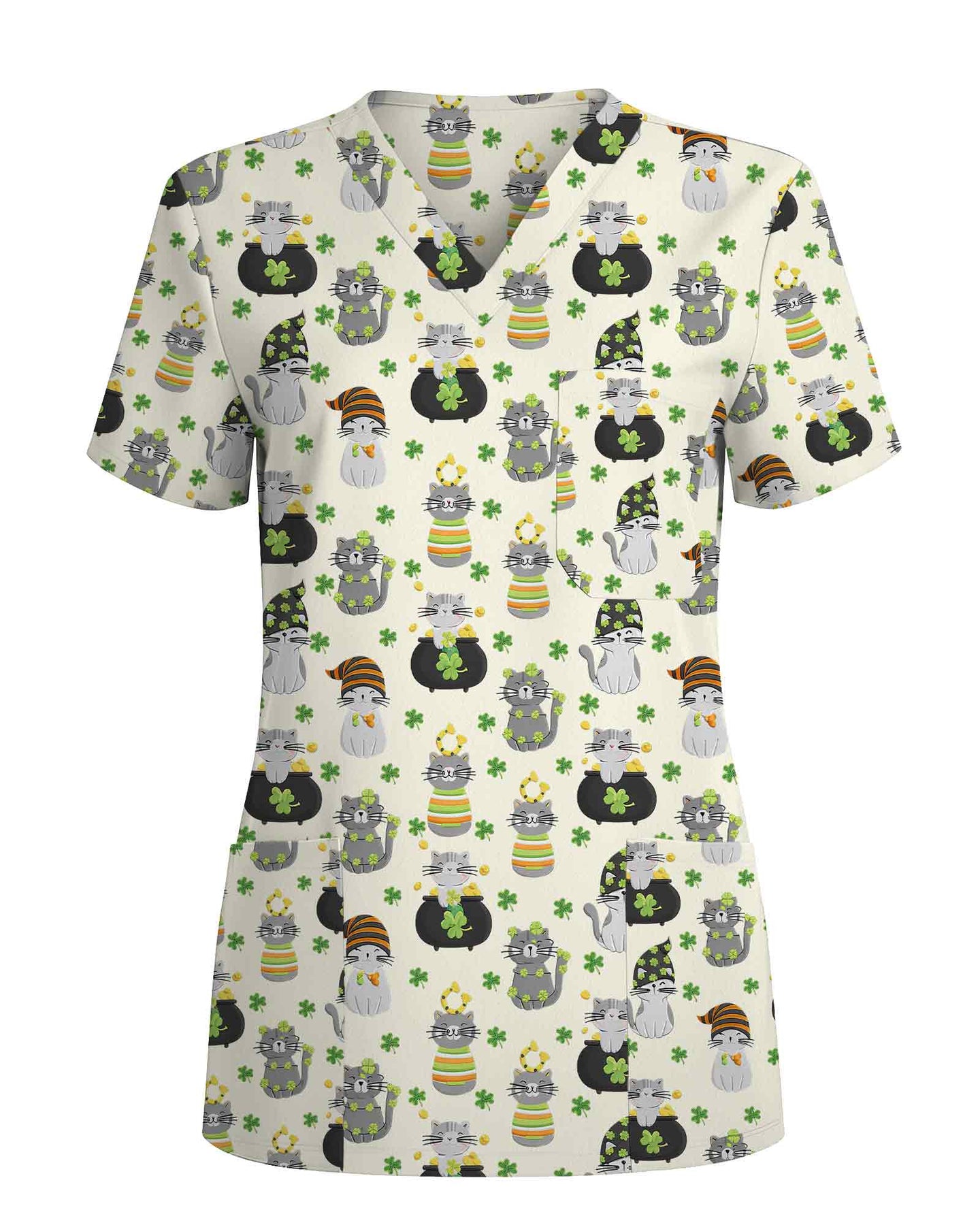 Cream St. Patrick's Day Cat Medical Scrub Top