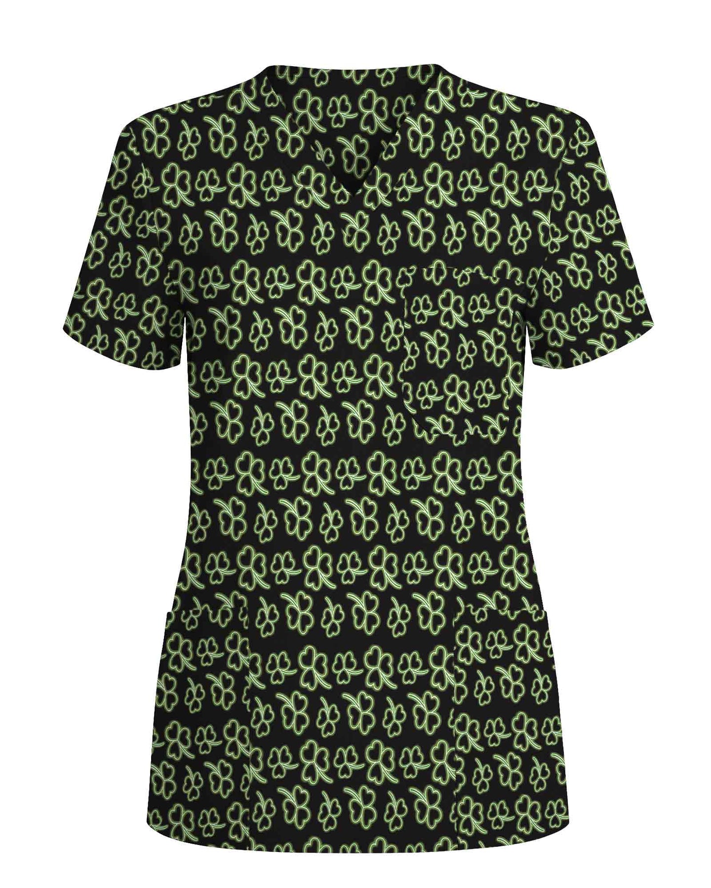 Black Neon Green Clover Medical Scrub Top