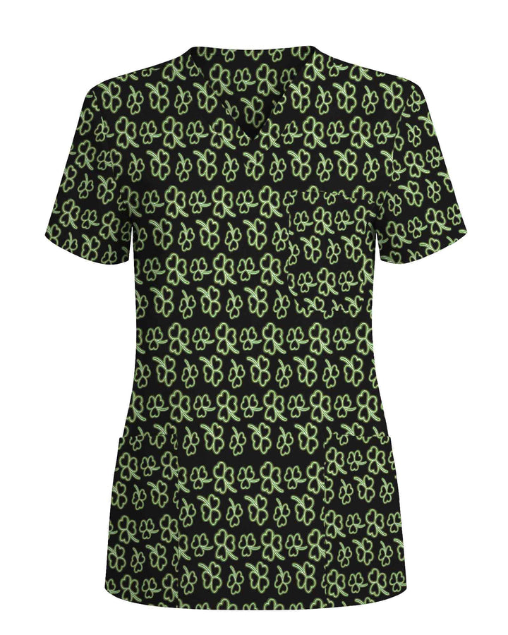 Black Neon Green Clover Medical Scrub Top