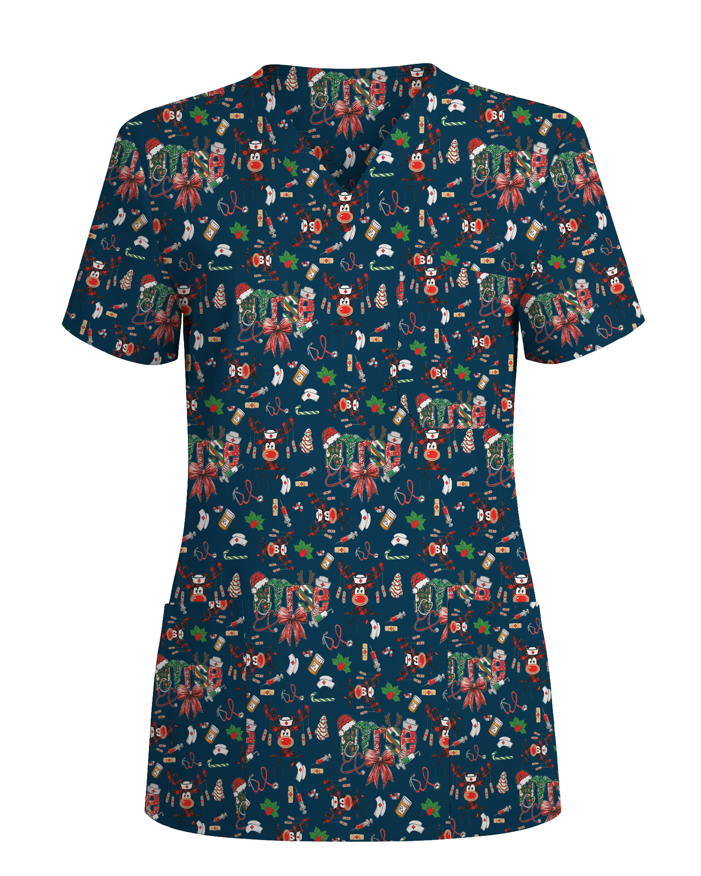 Buffalo Plaid Reindeer Christmas Nurse Scrub Top