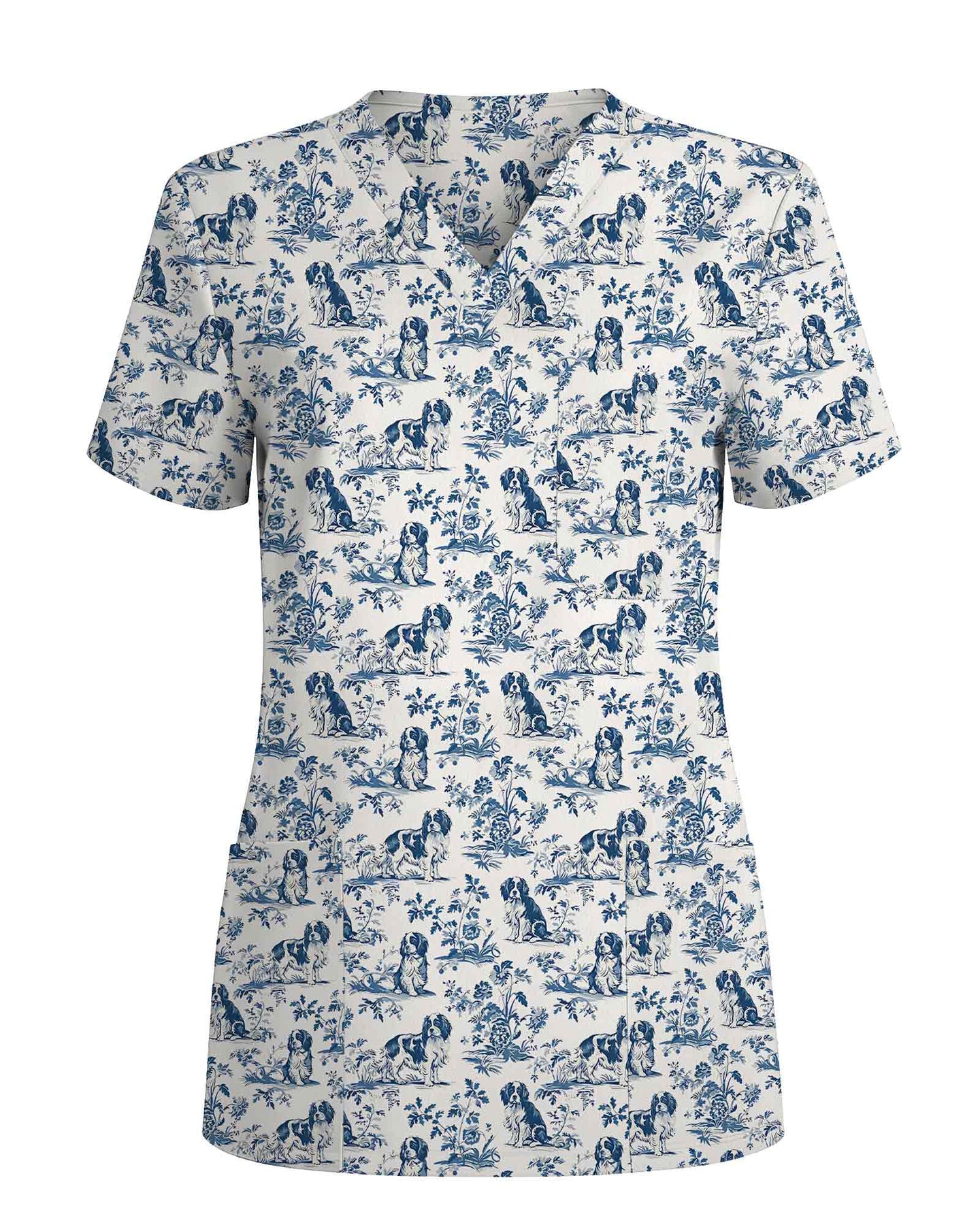 Blue Toile Cavalier King Charles Spaniel Scrub Top