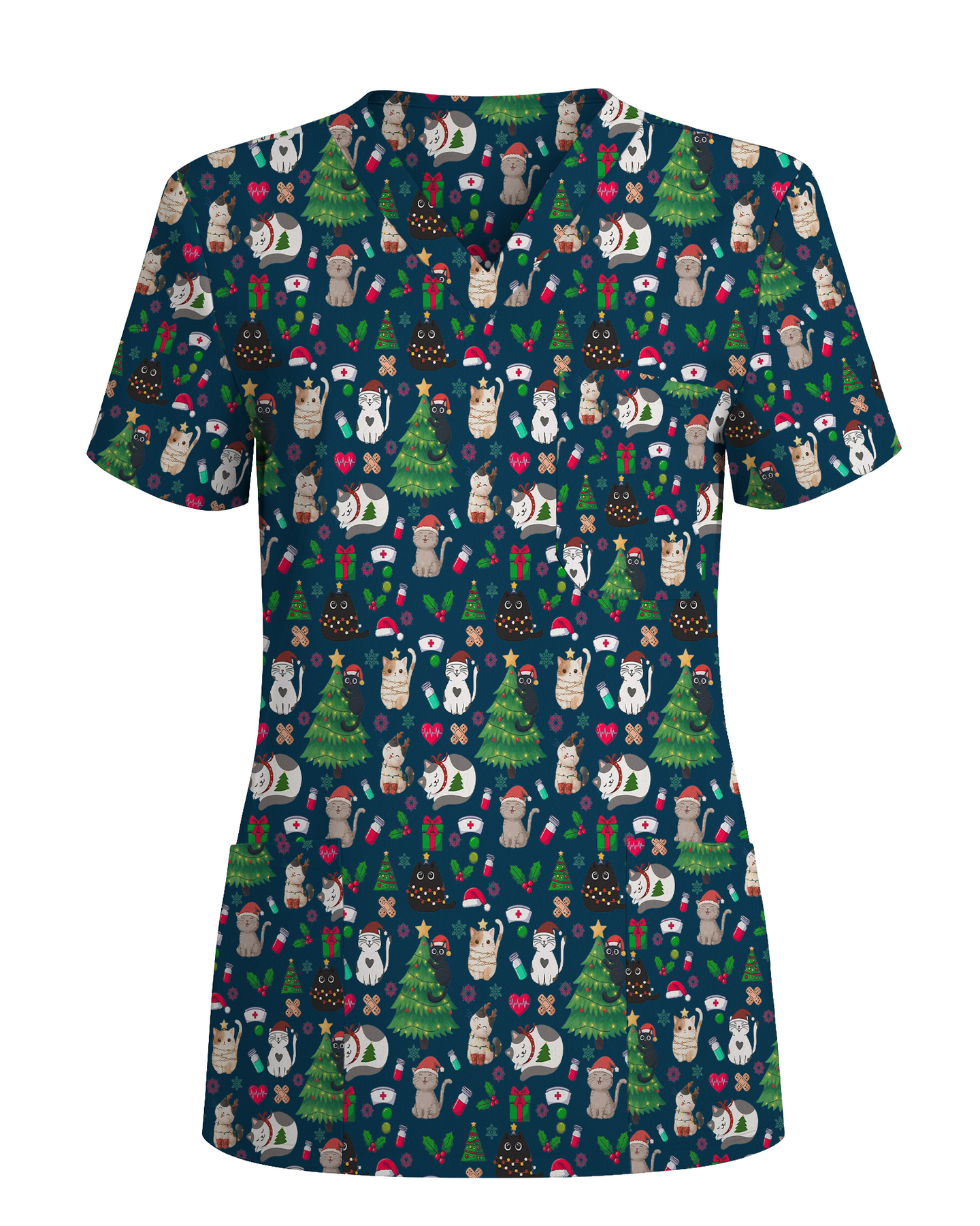 Merry Xmas Cat Nurse Festive Scrub Top