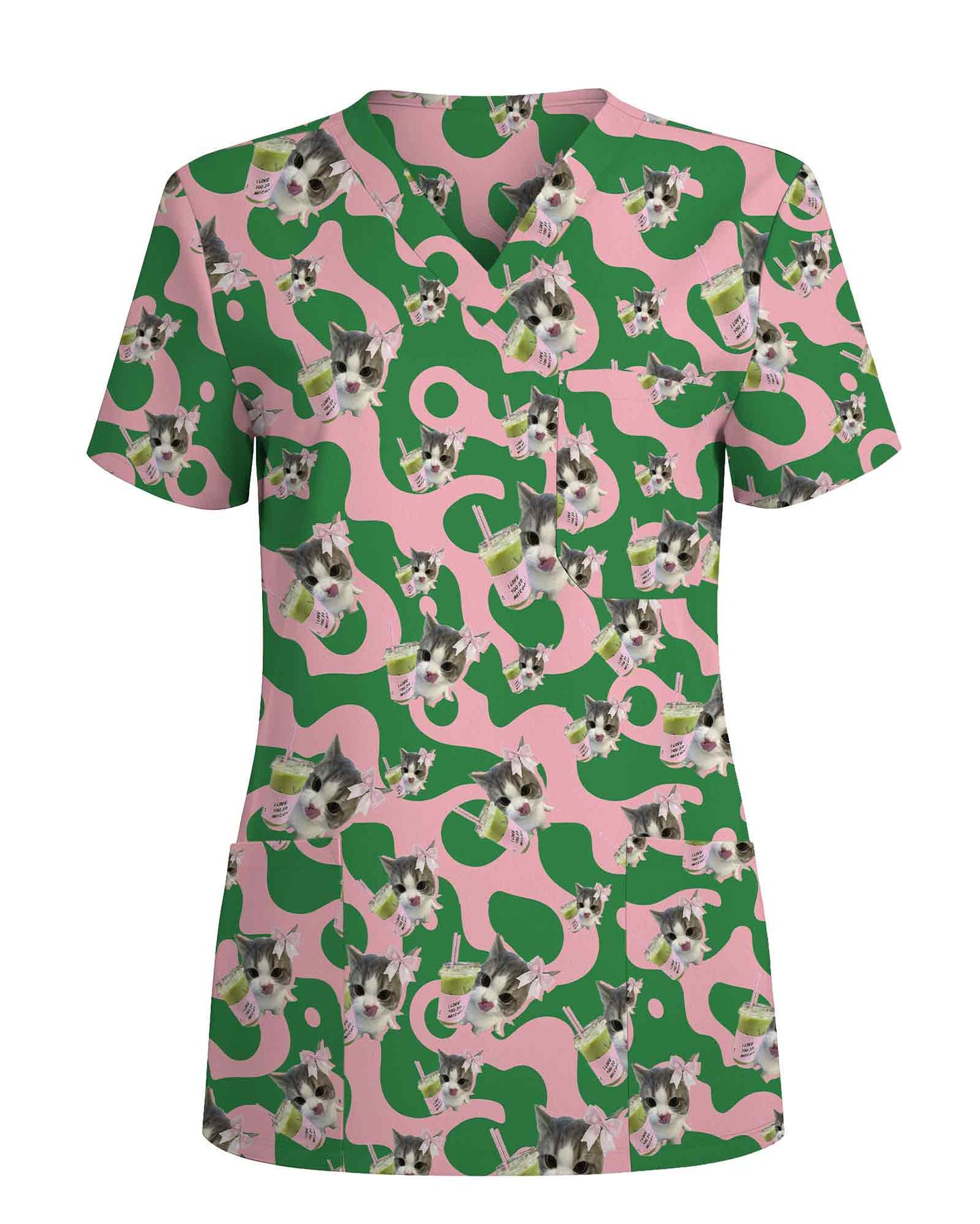 Cute Matcha Green Tea Cat Scrub Top