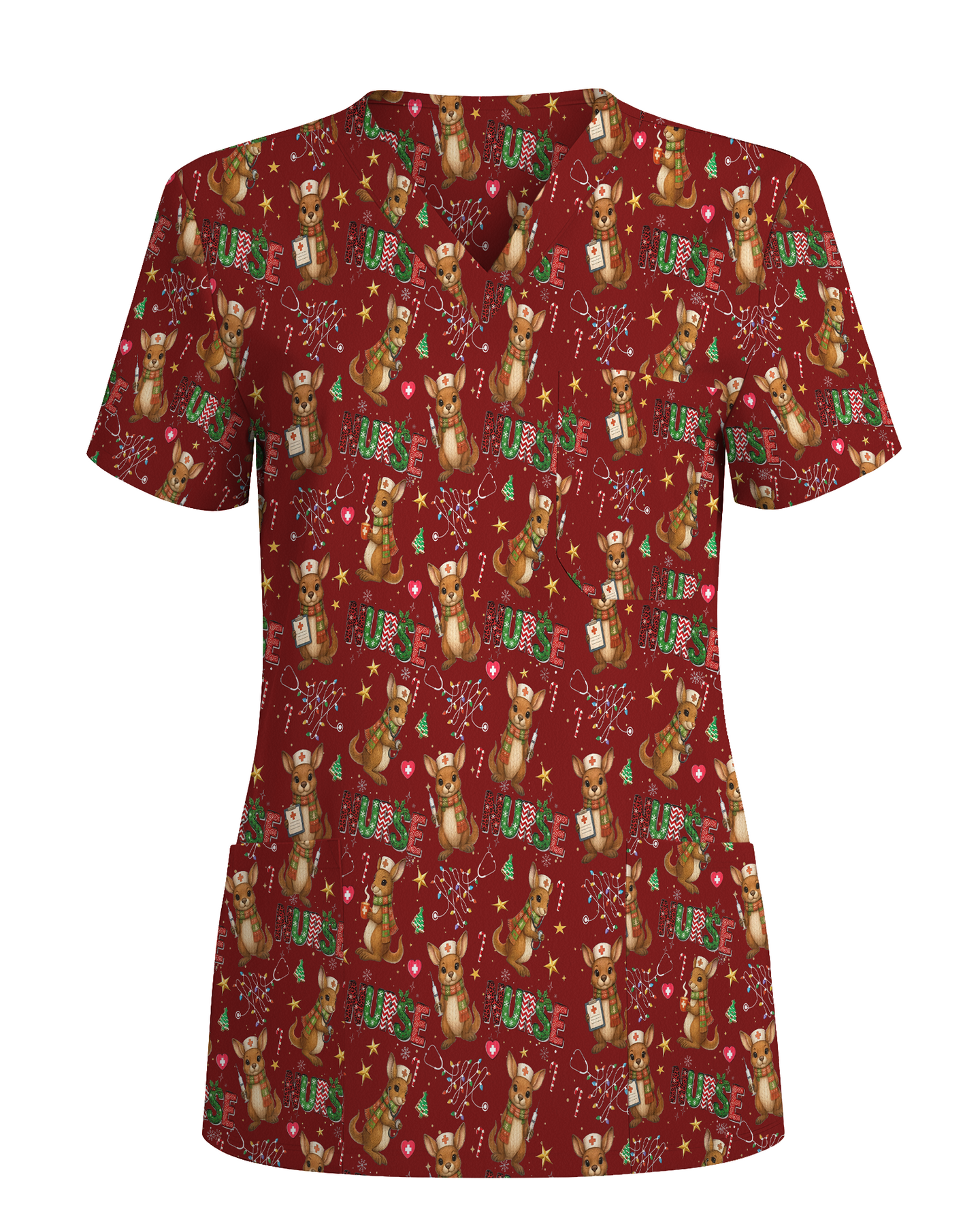 Cute Xmas Kangaroo Medical Scrub Top