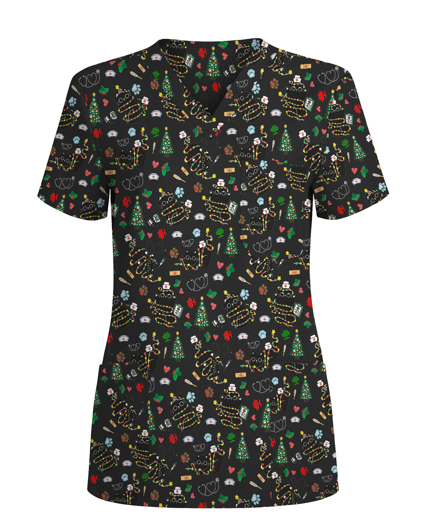 Cute Black Cat Christmas Medical Scrub Top