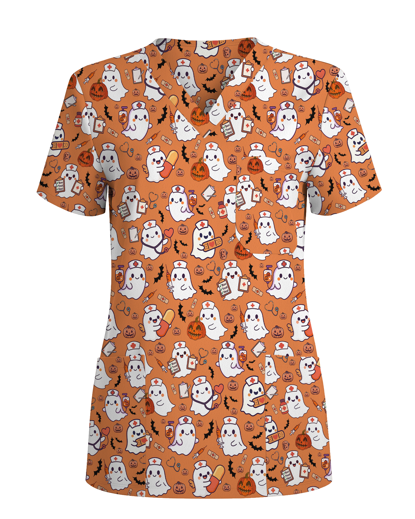 Spooky Cute Ghost Nurse Halloween Scrub Top