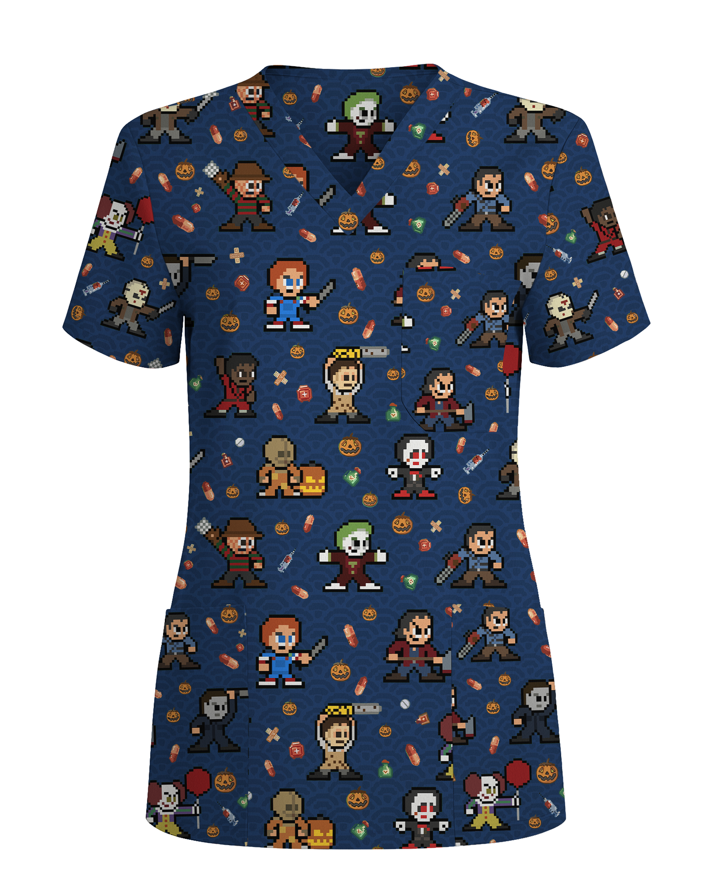Retro Pixel Horror Movie Monsters Nursing Scrub Top