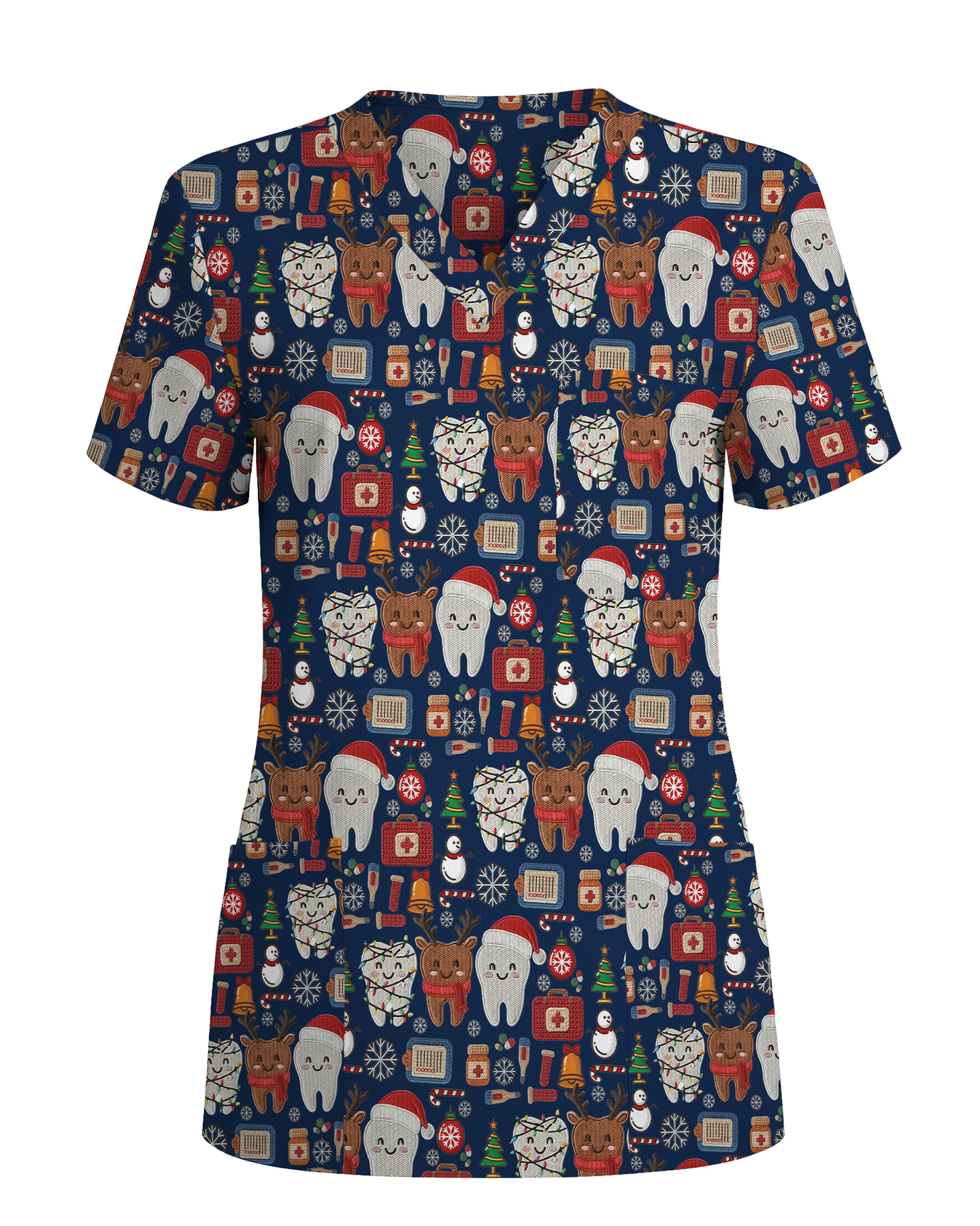 Cute Reindeer and Santa Teeth Holiday Dental Scrub Top