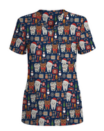 Cute Reindeer and Santa Teeth Holiday Dental Scrub Top