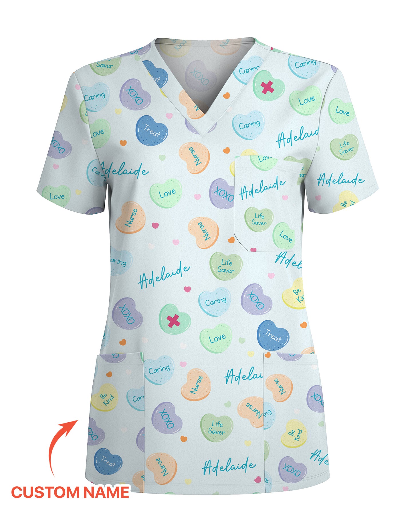 Personalized Candy Hearts Nurse Style Women Scrub Top