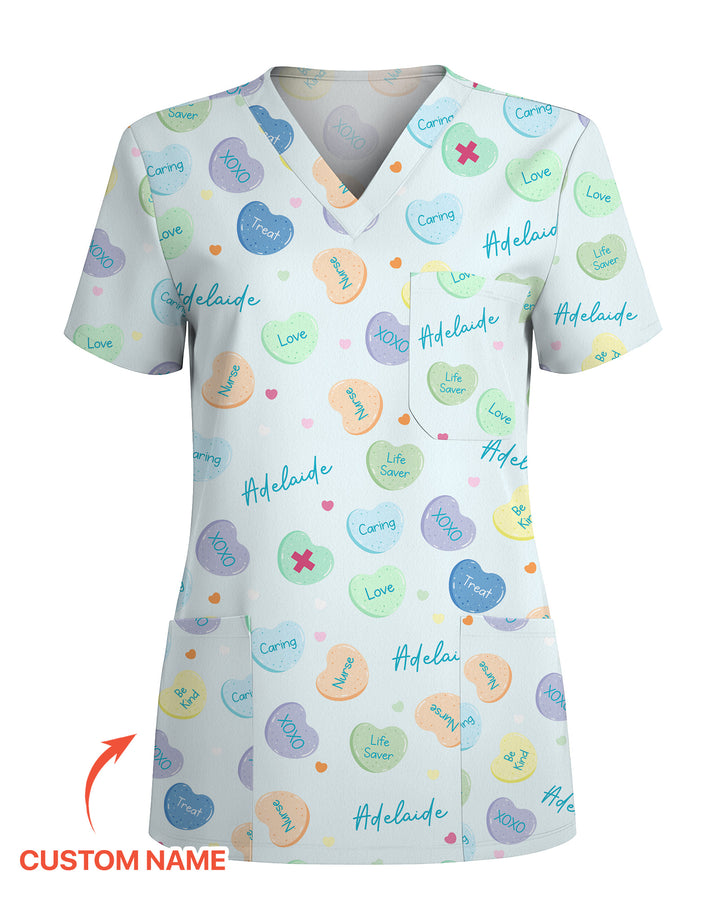 Personalized Candy Hearts Nurse Style Women Scrub Top