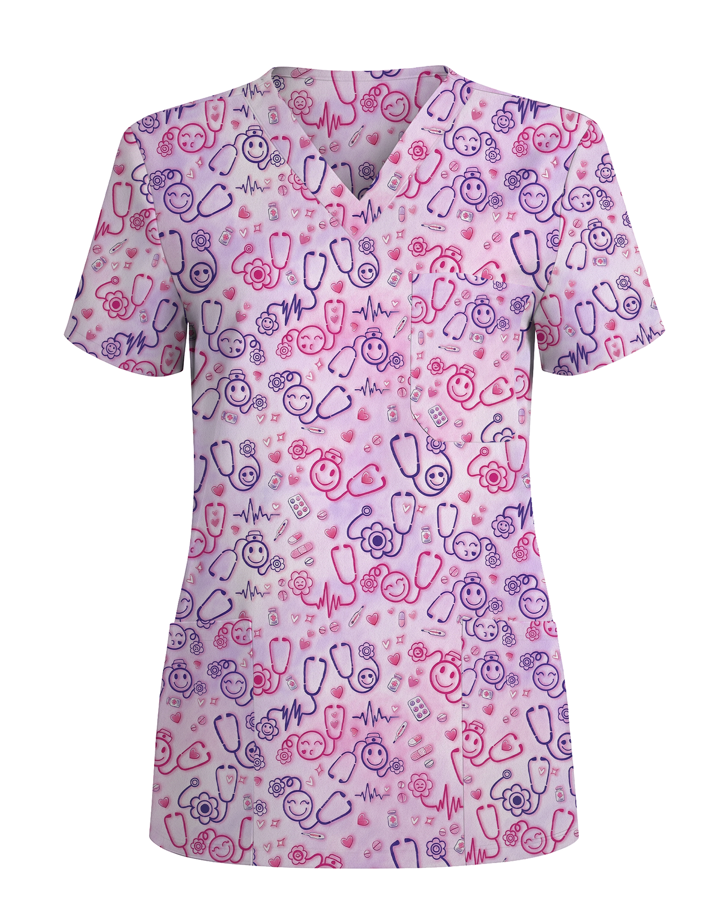 Cute Smiley Medical Icons Nurse Scrub Top