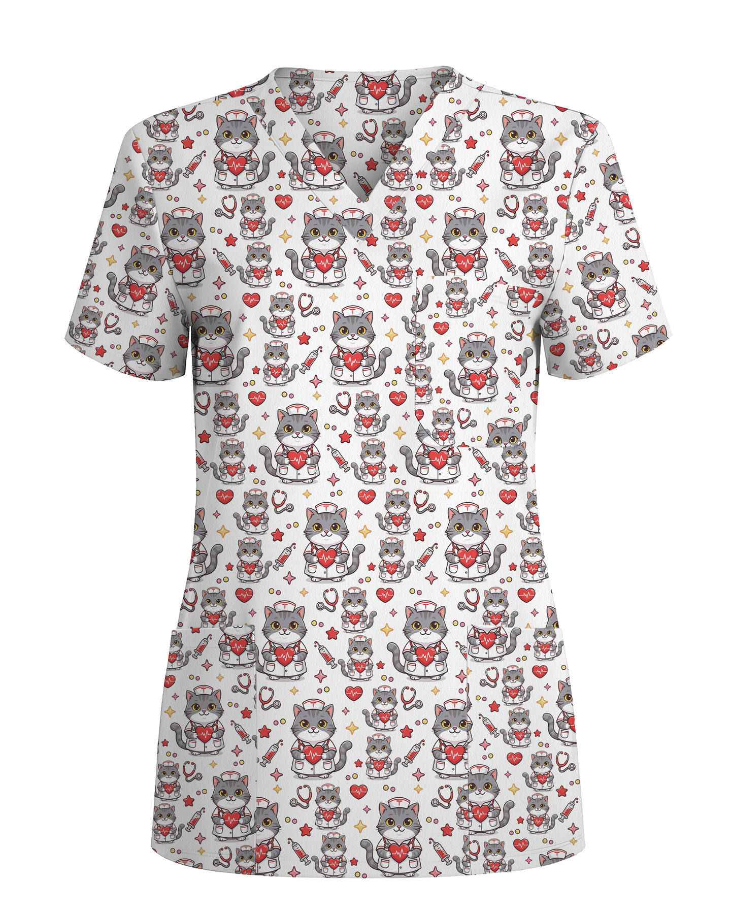Cute Tabby Cat Nurse Heart Scrub Top