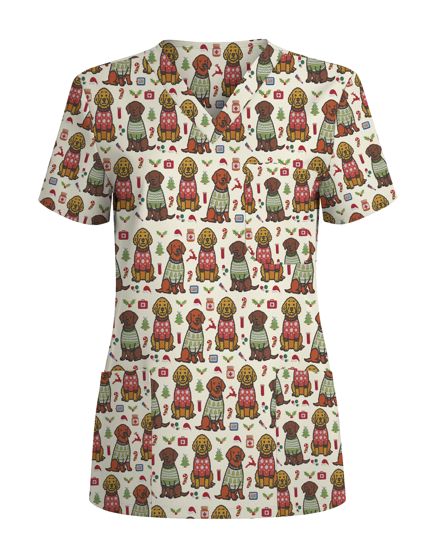 Cute Golden Retriever Christmas Medical Nurse Scrub Top