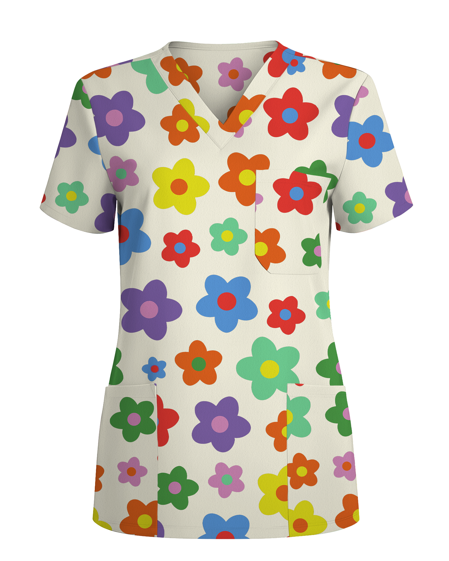 Charming Multi-Color Retro Bloom Healthcare Scrub Top