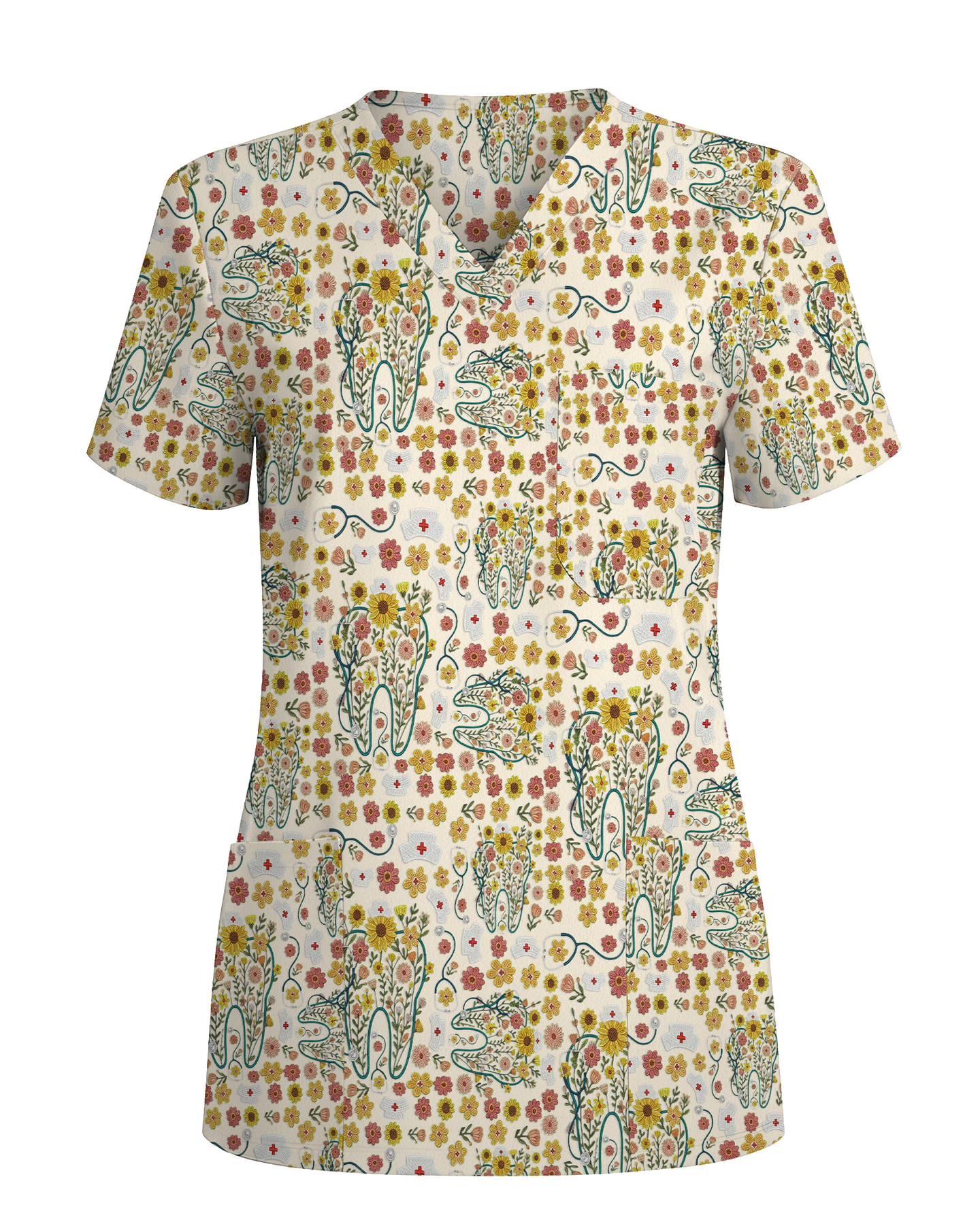 Floral Tooth Sunflower Dental Assistant Scrub Top