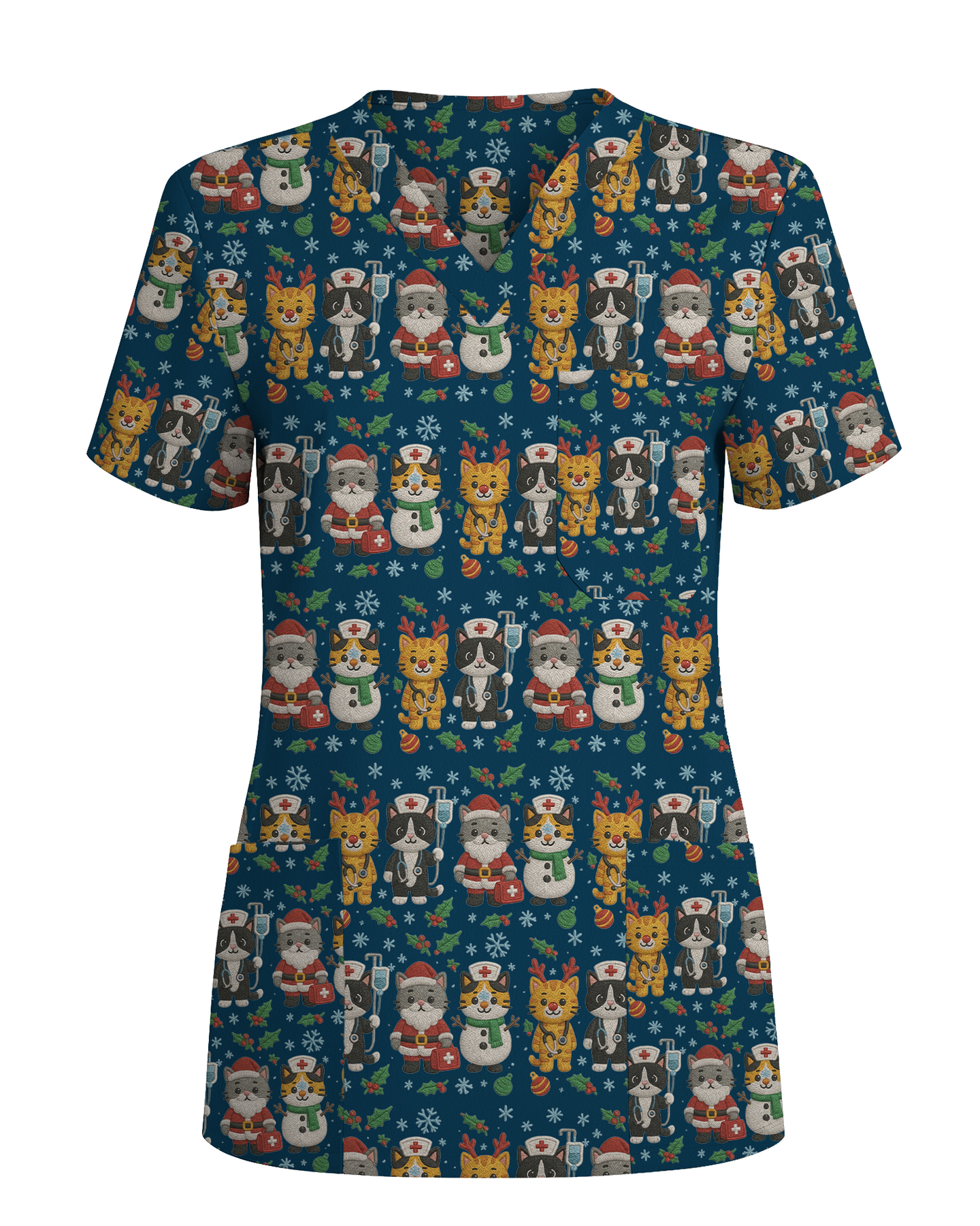 Cute Christmas Cats Embroidery Pattern Nurse Scrub Top