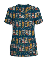 Cute Christmas Cats Embroidery Pattern Nurse Scrub Top