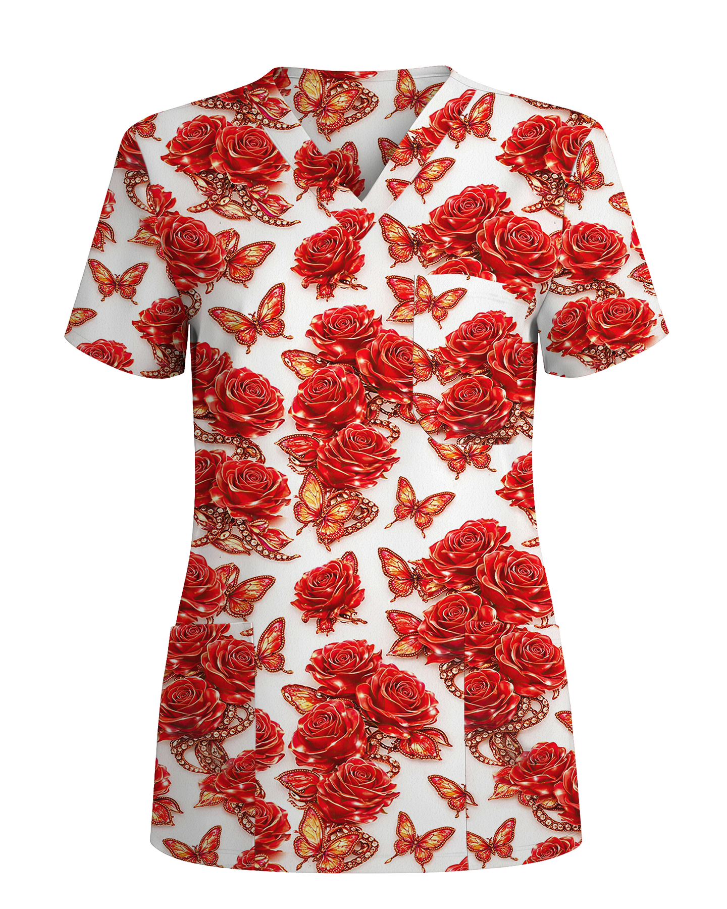 Red Rose Jewelry & Butterfly Nurse Scrub Top